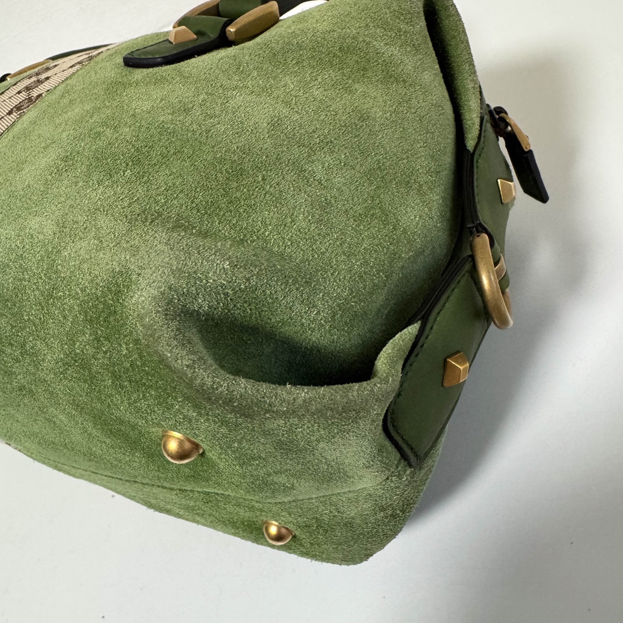 GUCCI Suede Small Boston Bag Green Monogram GG Canvas Leather Bowling, in , Sold by HIVE PRELOVED - Handle Bags, ,