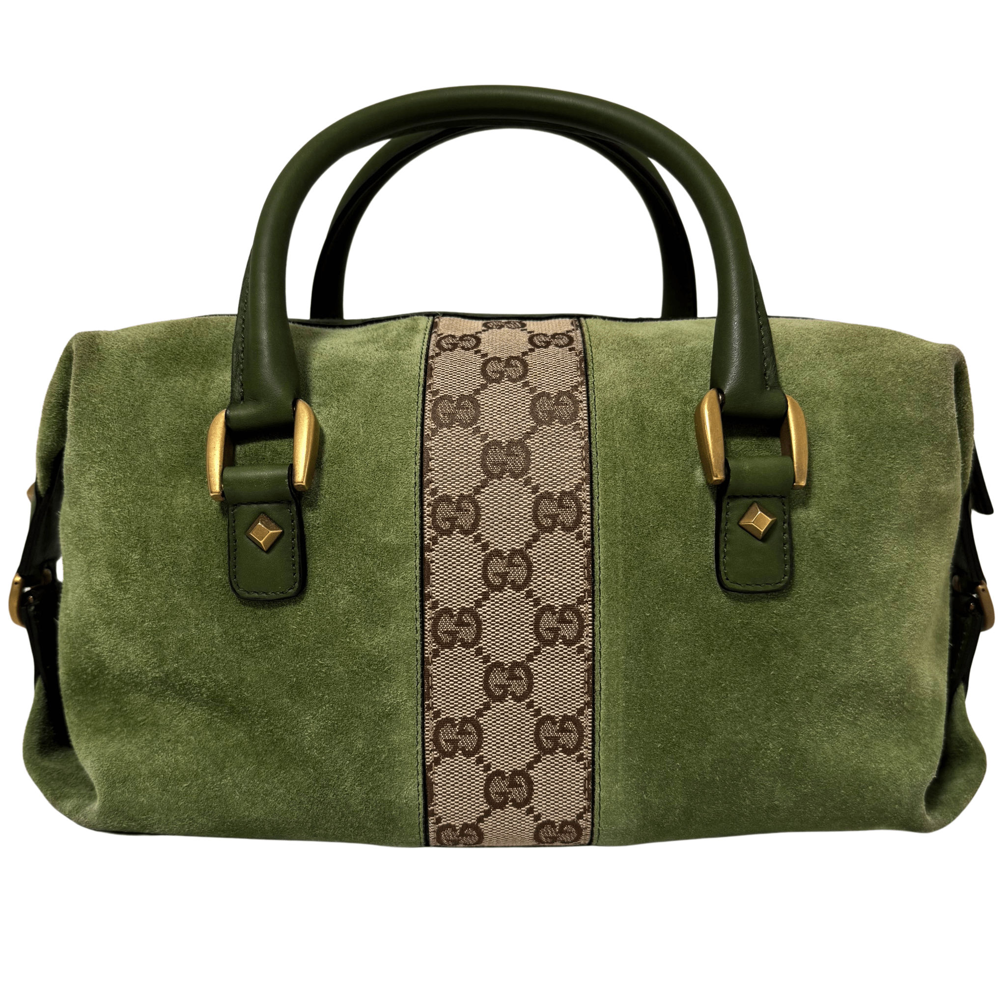 GUCCI Suede Small Boston Bag Green Monogram GG Canvas Leather Bowling, in , Sold by HIVE PRELOVED - Handle Bags, ,