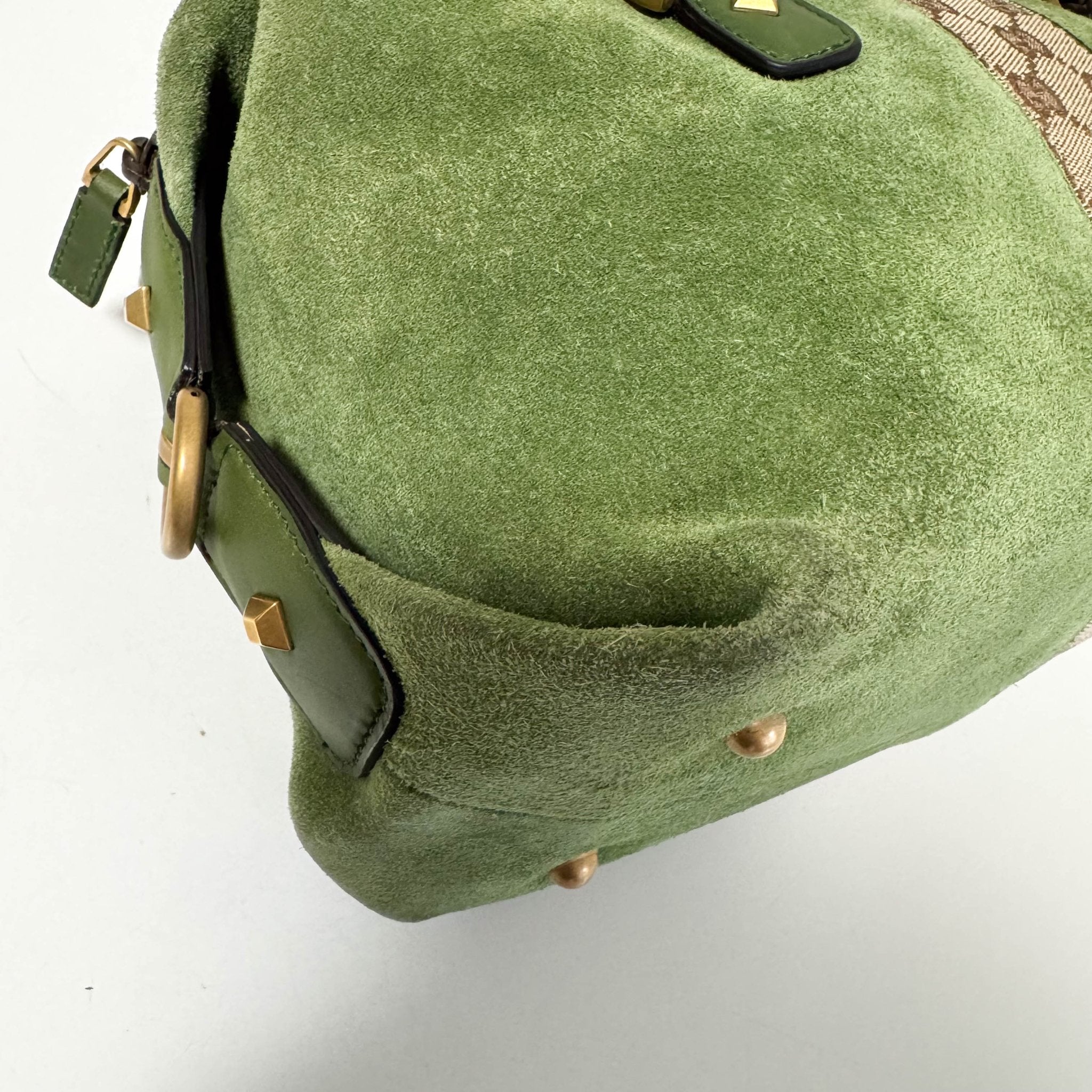 GUCCI Suede Small Boston Bag Green Monogram GG Canvas Leather Bowling, in , Sold by HIVE PRELOVED - Handle Bags, ,