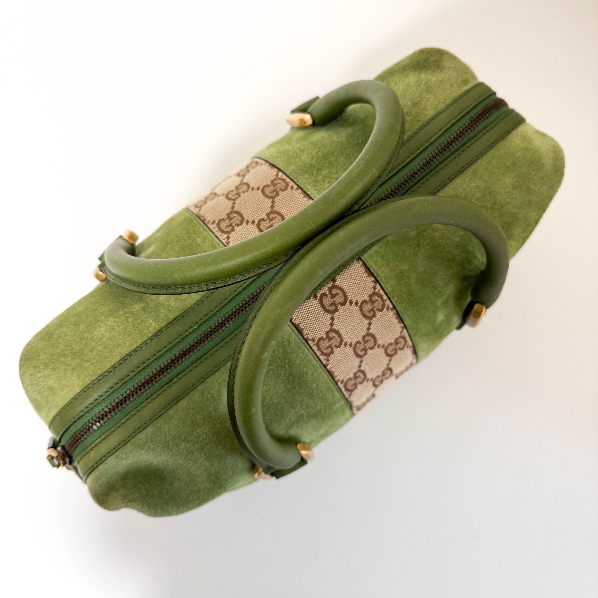 GUCCI Suede Small Boston Bag Green Monogram GG Canvas Leather Bowling, in , Sold by HIVE PRELOVED - Handle Bags, ,