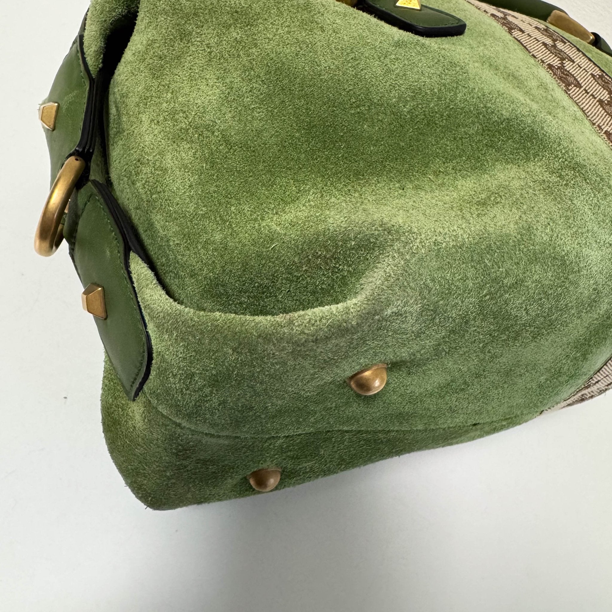 GUCCI Suede Small Boston Bag Green Monogram GG Canvas Leather Bowling, in , Sold by HIVE PRELOVED - Handle Bags, ,