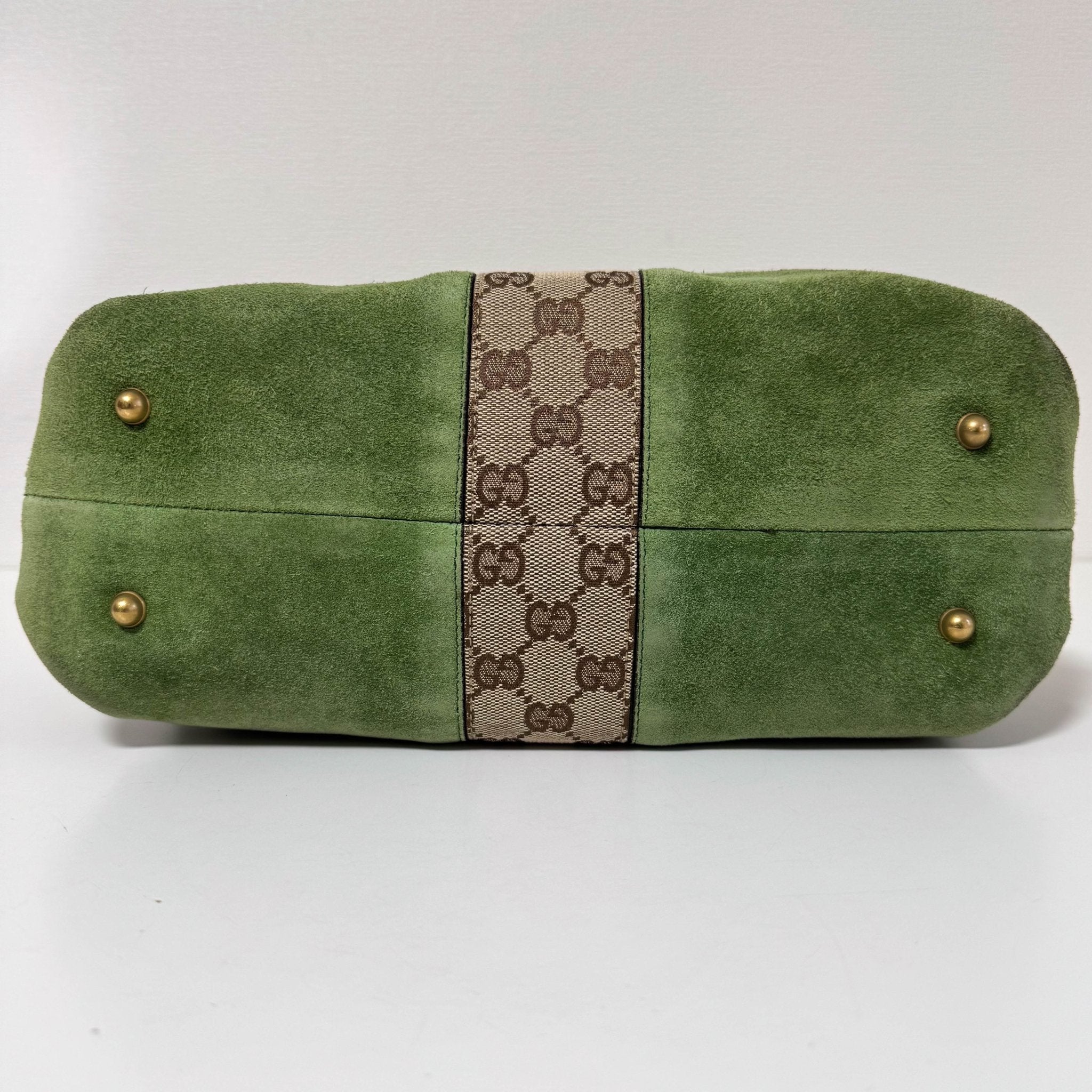 GUCCI Suede Small Boston Bag Green Monogram GG Canvas Leather Bowling, in , Sold by HIVE PRELOVED - Handle Bags, ,