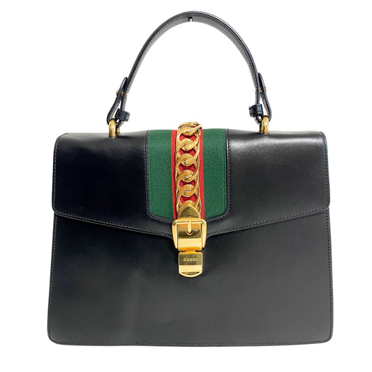 GUCCI Sylvie Black Leather Top Handle Bag, in , Sold by HIVE PRELOVED - Handle Bags, Shoulder Bags,