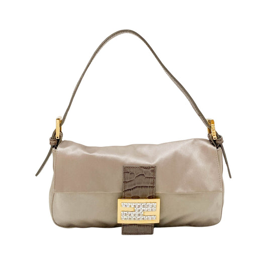 Baguette Grey Satin & Croc Embossed Leather Rhinestone Shoulder Bag