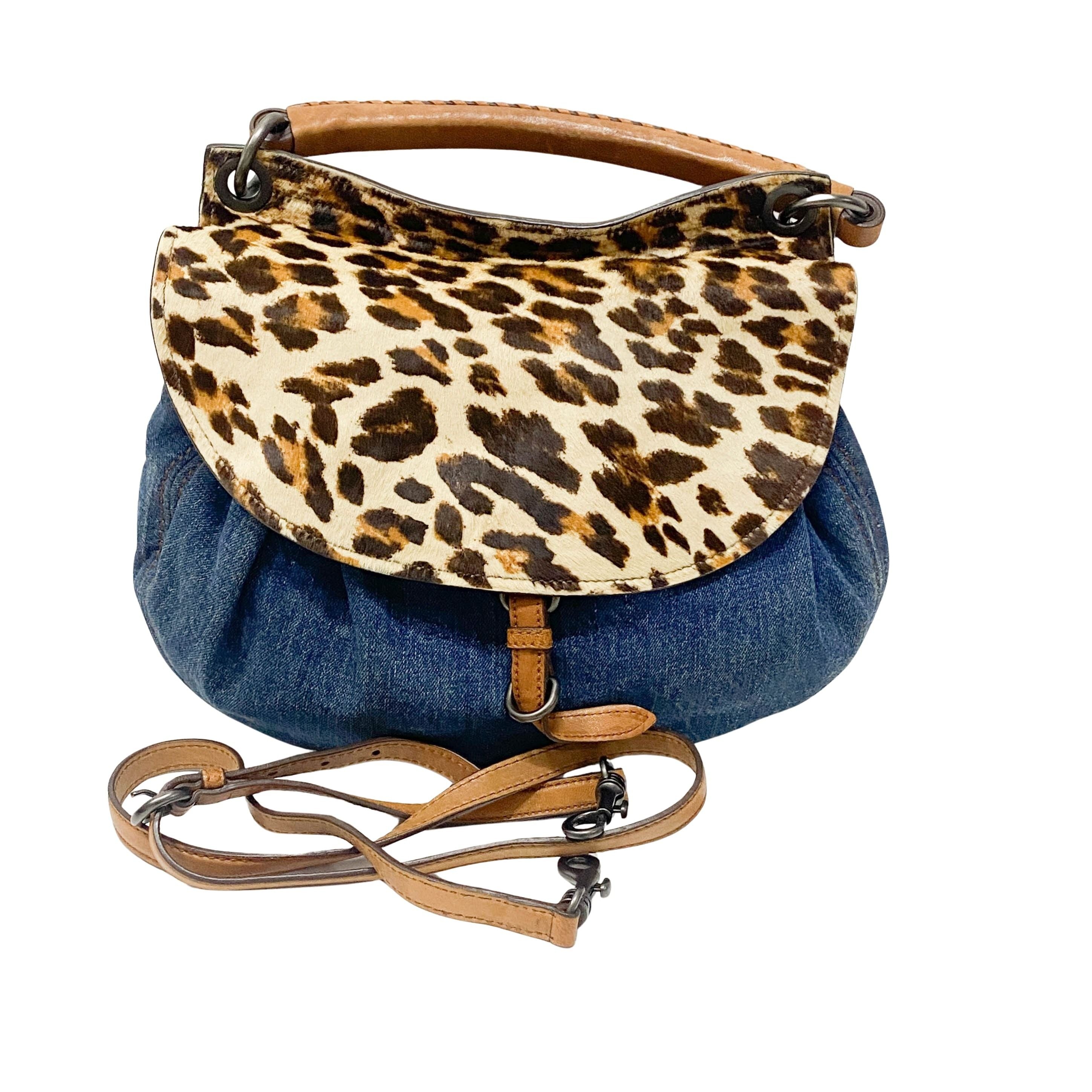Blue Denim & Leopard Print Pony Hair Two Way Bag