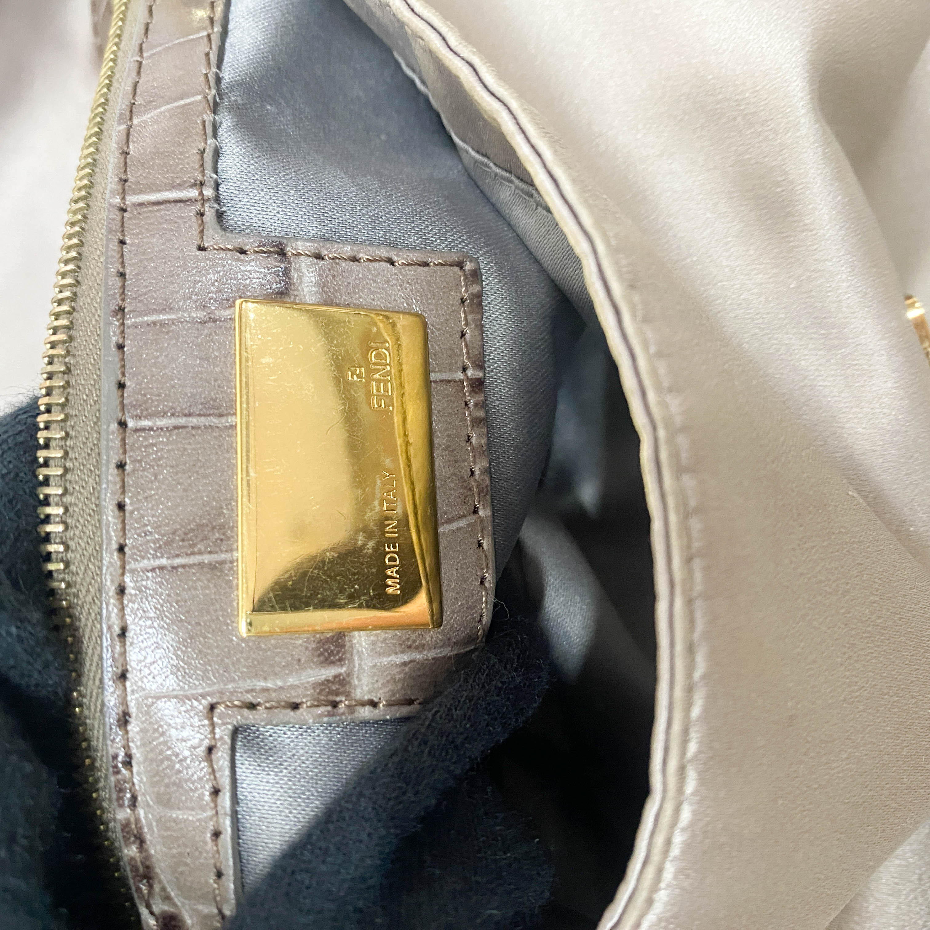 Baguette Grey Satin & Croc Embossed Leather Rhinestone Shoulder Bag