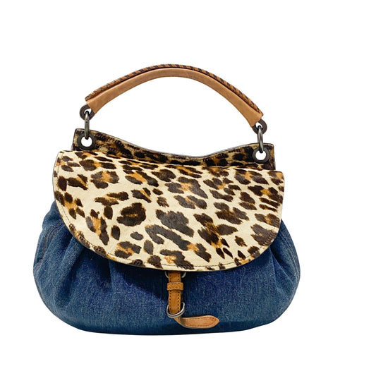 Blue Denim & Leopard Print Pony Hair Two Way Bag