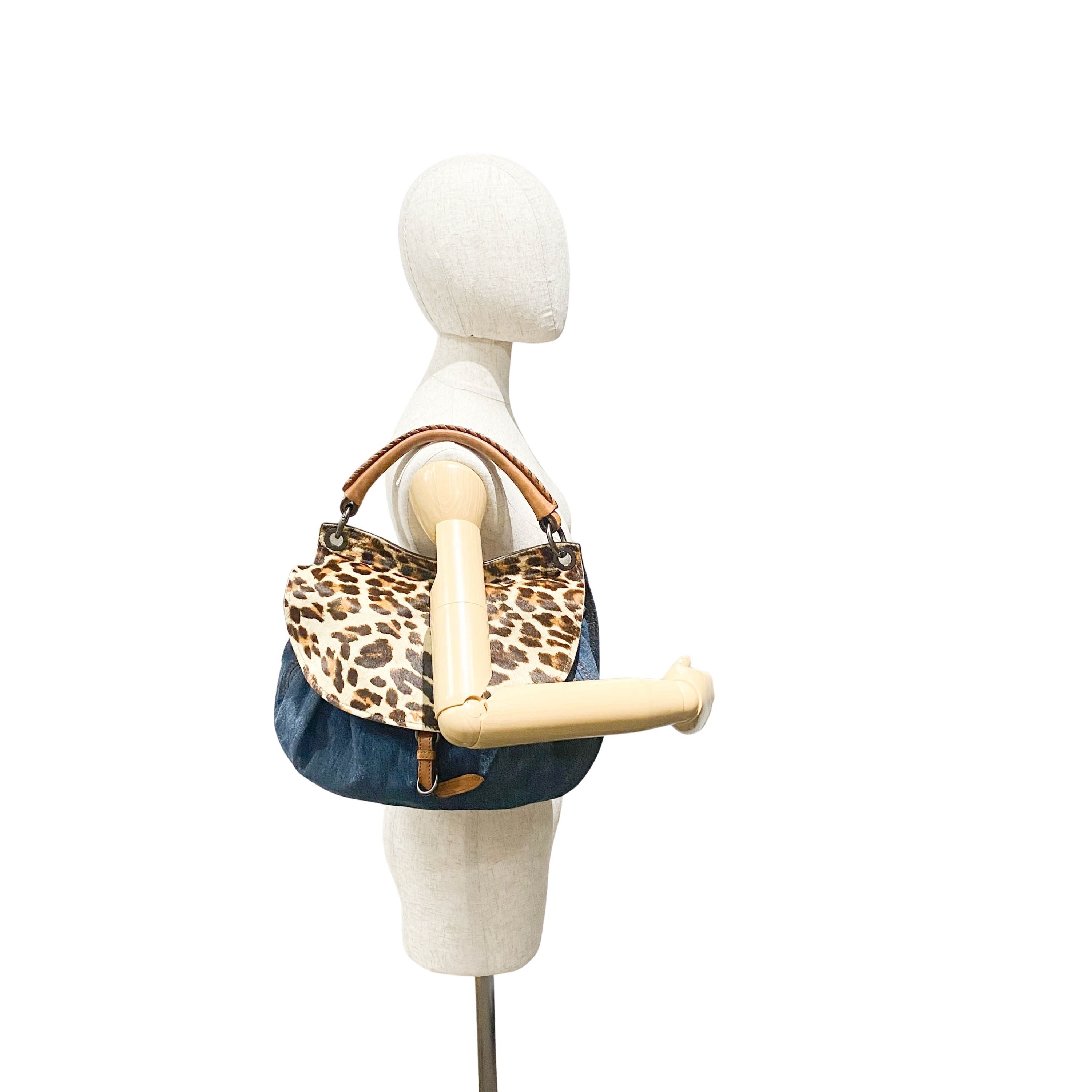 Blue Denim & Leopard Print Pony Hair Two Way Bag