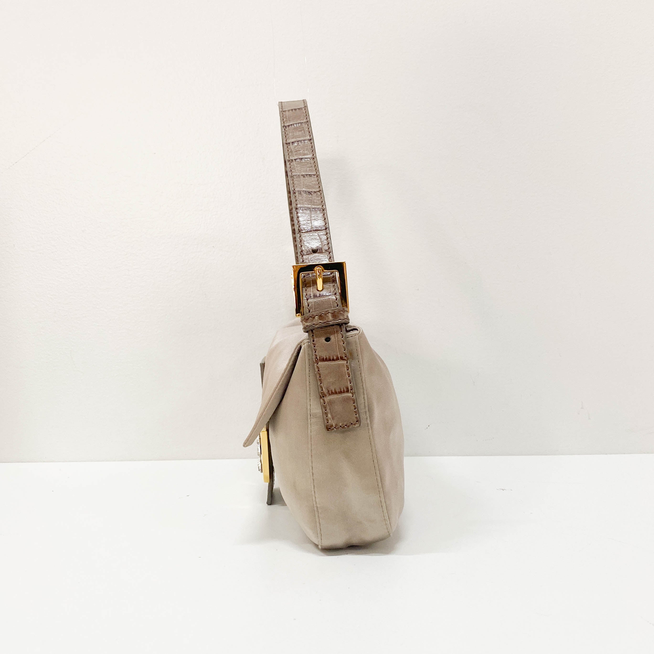 Baguette Grey Satin & Croc Embossed Leather Rhinestone Shoulder Bag