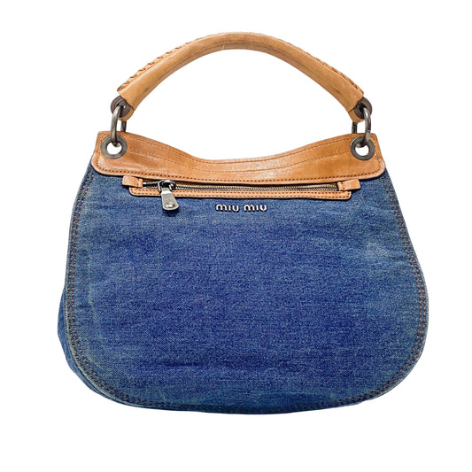 Blue Denim & Leopard Print Pony Hair Two Way Bag
