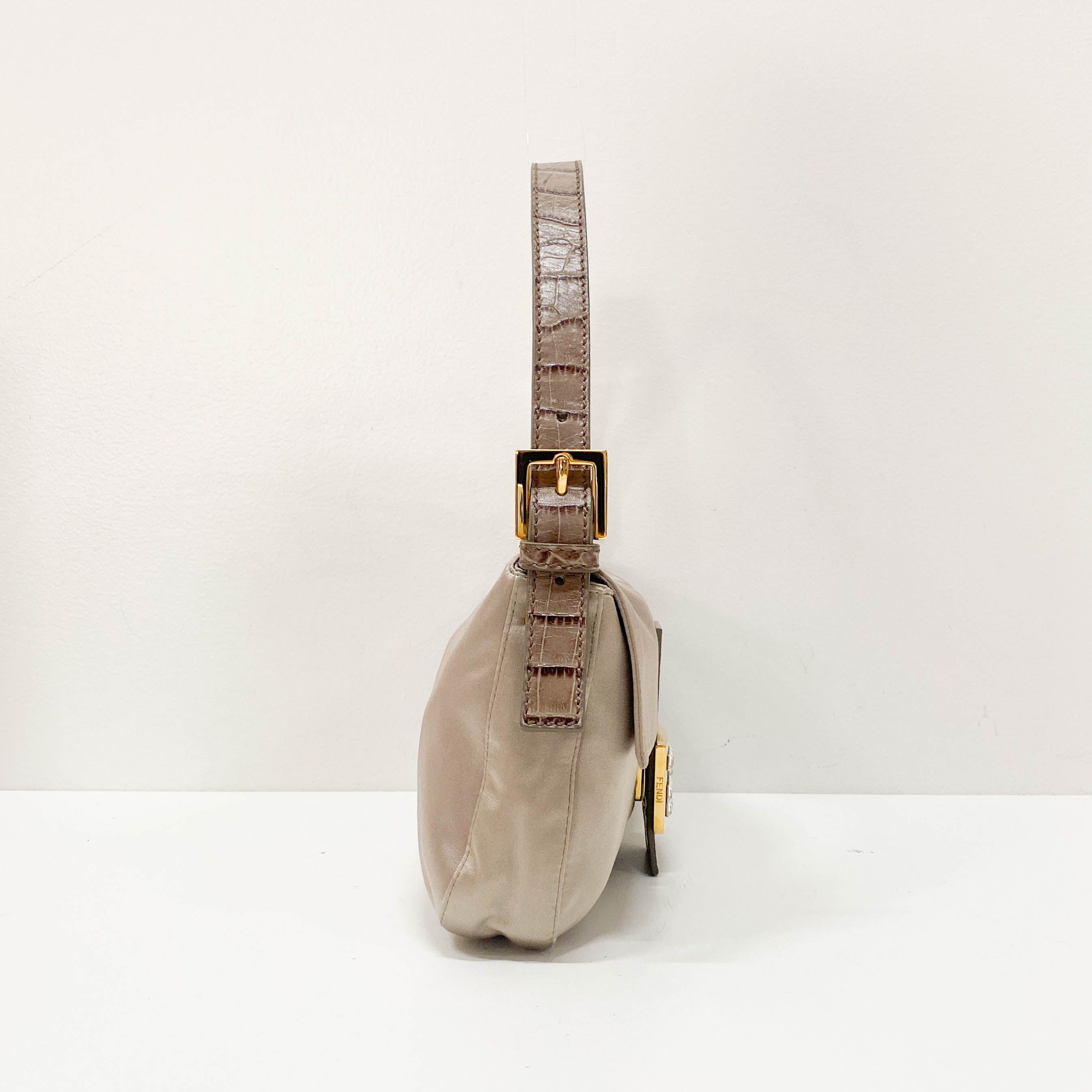 Baguette Grey Satin & Croc Embossed Leather Rhinestone Shoulder Bag