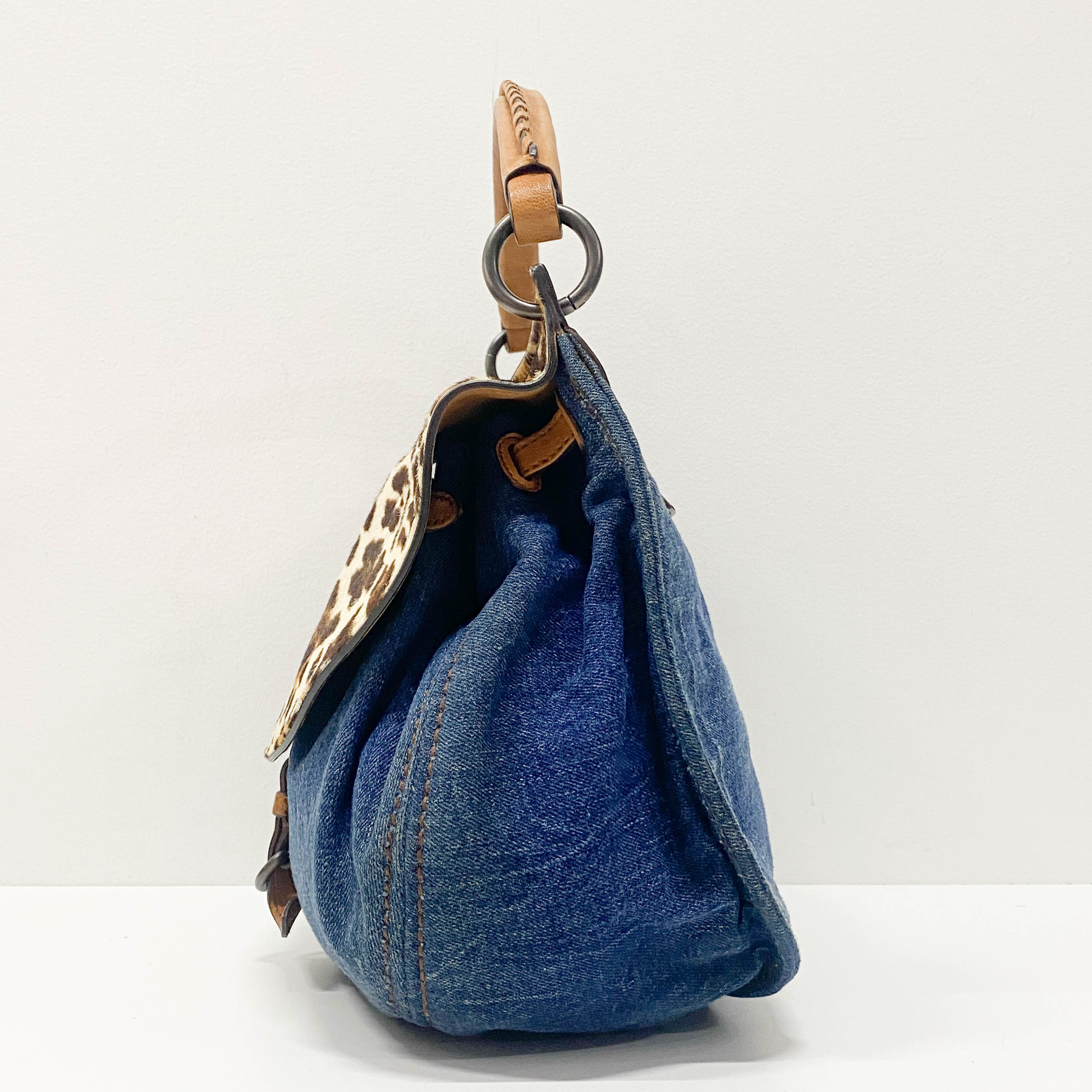 Blue Denim & Leopard Print Pony Hair Two Way Bag