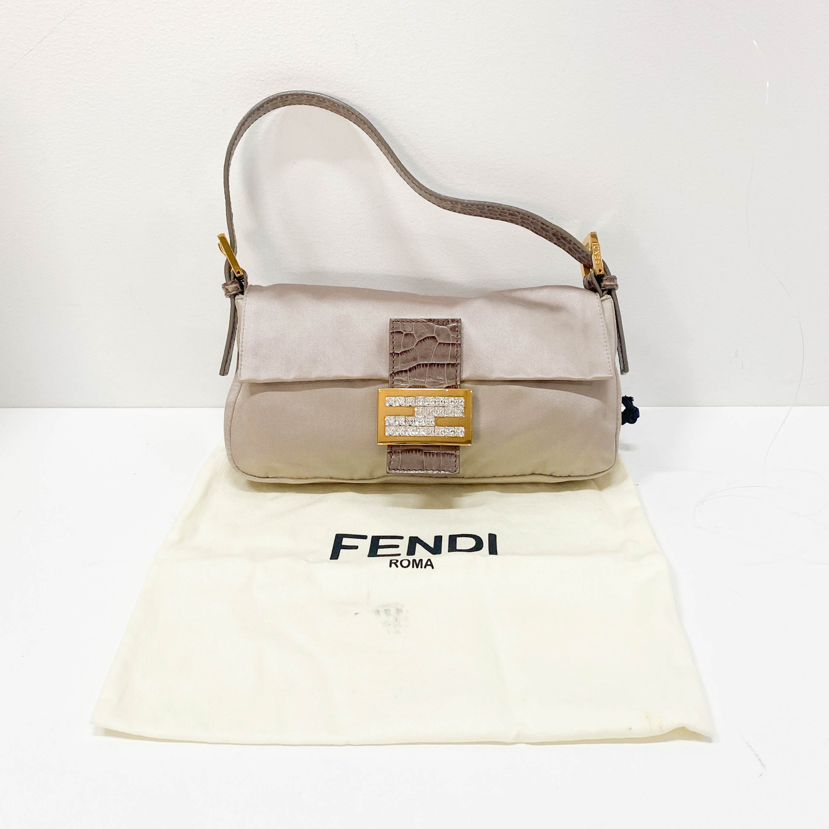 Baguette Grey Satin & Croc Embossed Leather Rhinestone Shoulder Bag