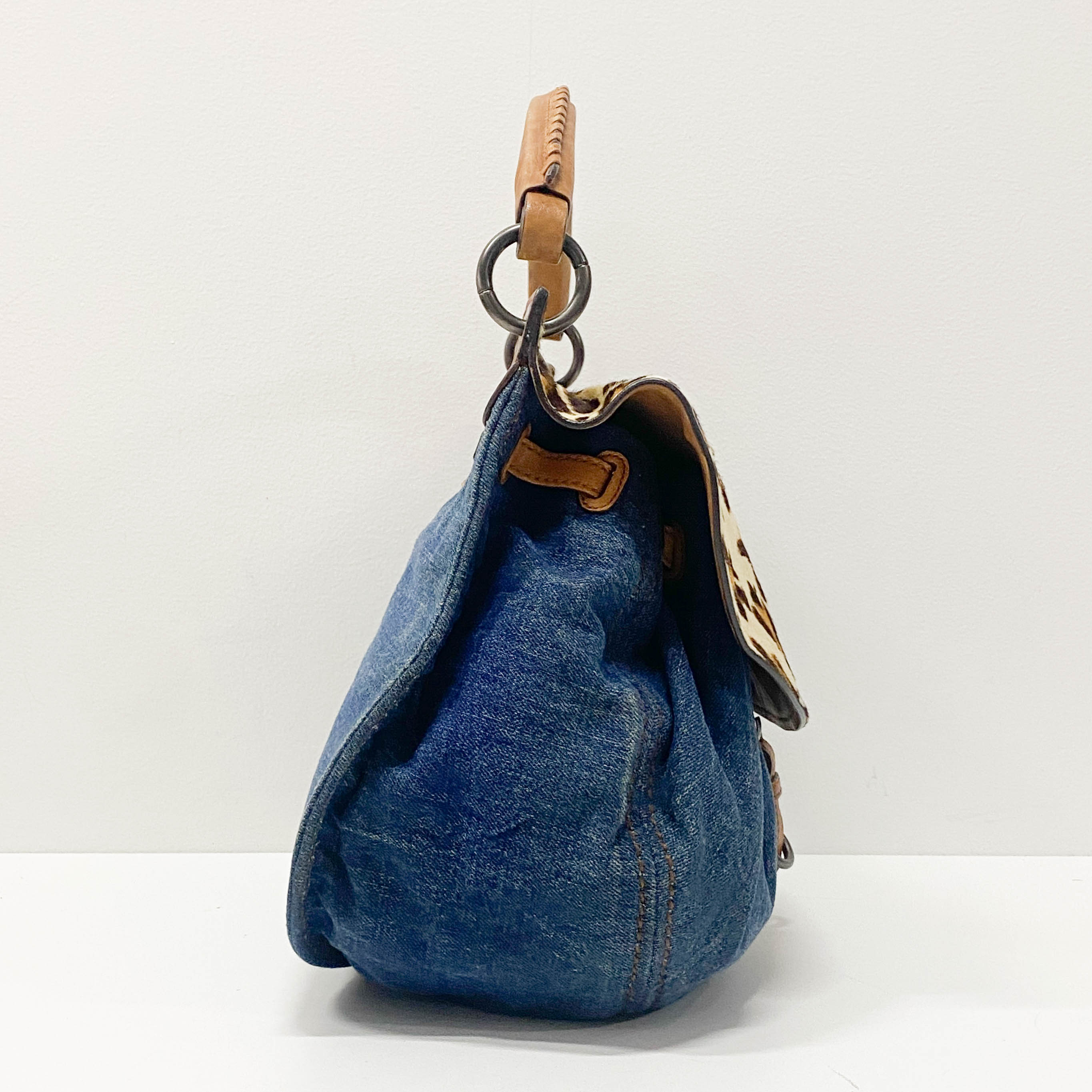 Blue Denim & Leopard Print Pony Hair Two Way Bag