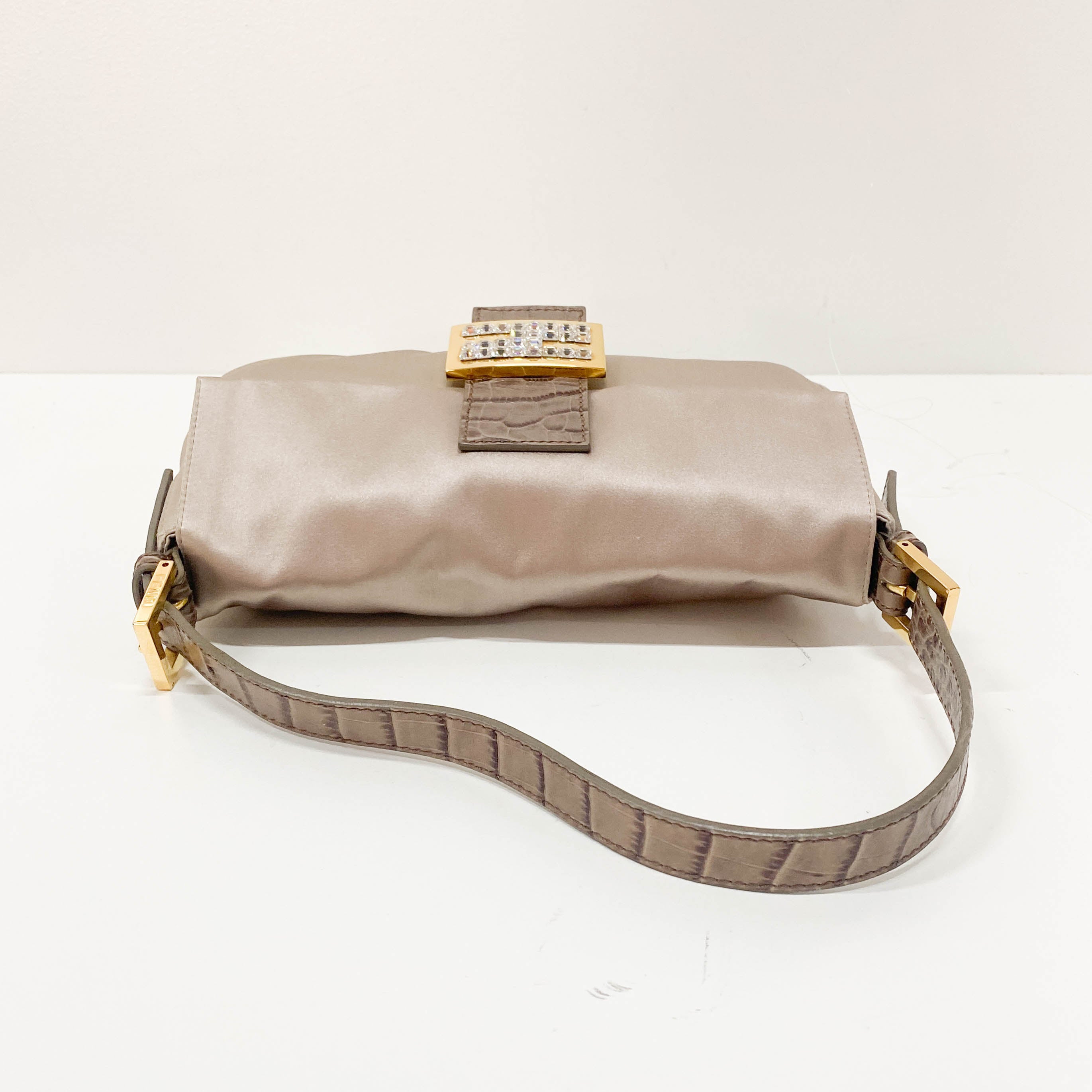 Baguette Grey Satin & Croc Embossed Leather Rhinestone Shoulder Bag