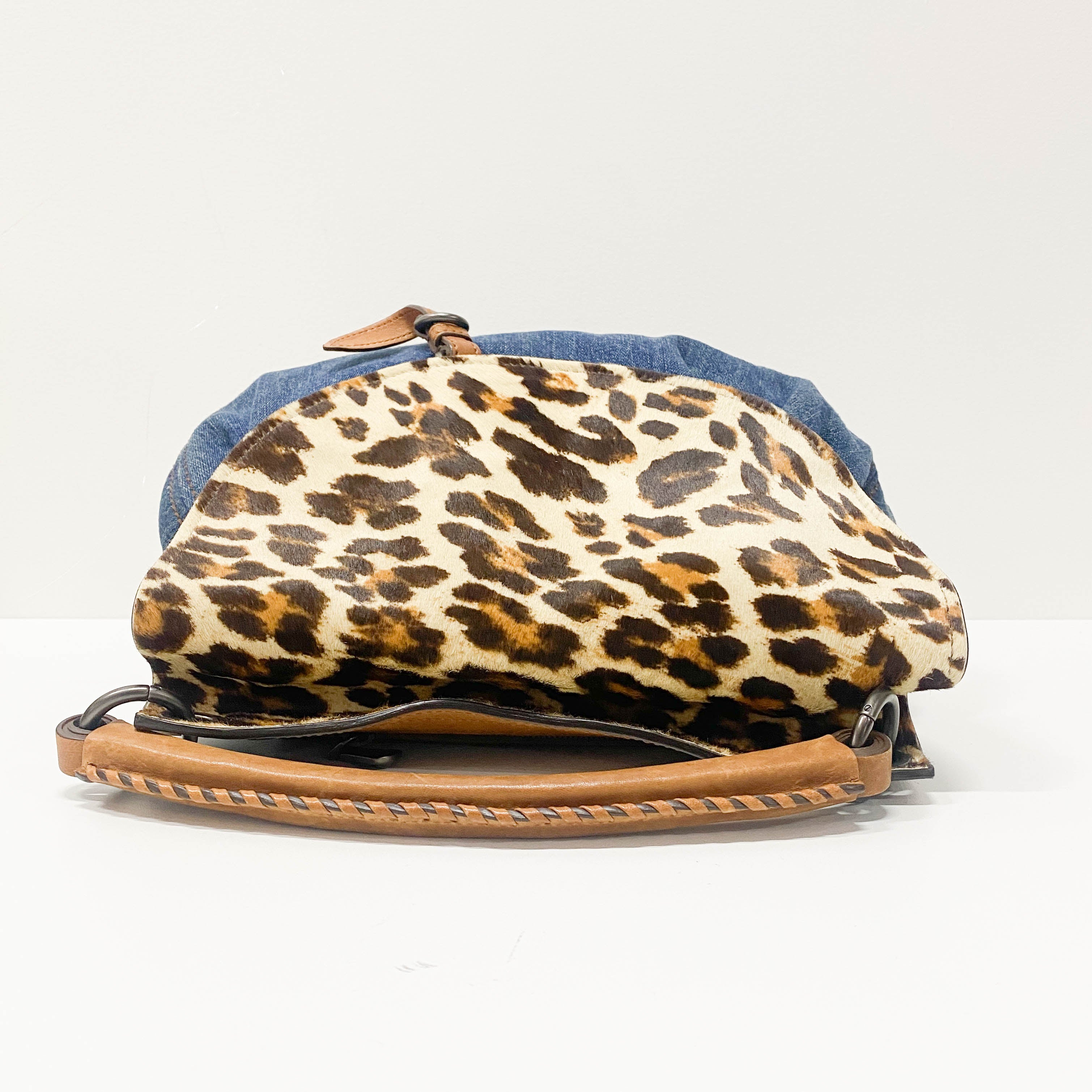 Blue Denim & Leopard Print Pony Hair Two Way Bag