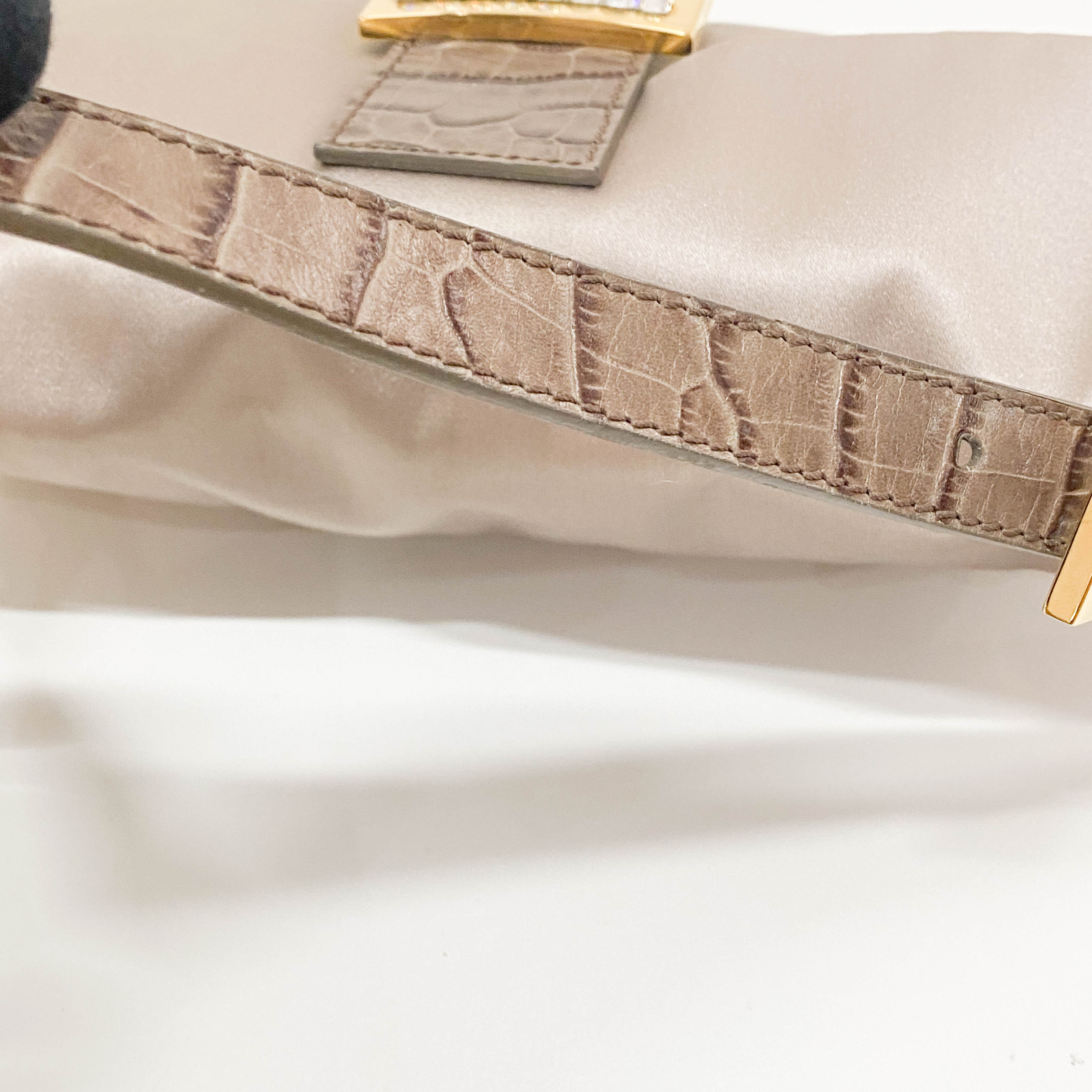 Baguette Grey Satin & Croc Embossed Leather Rhinestone Shoulder Bag