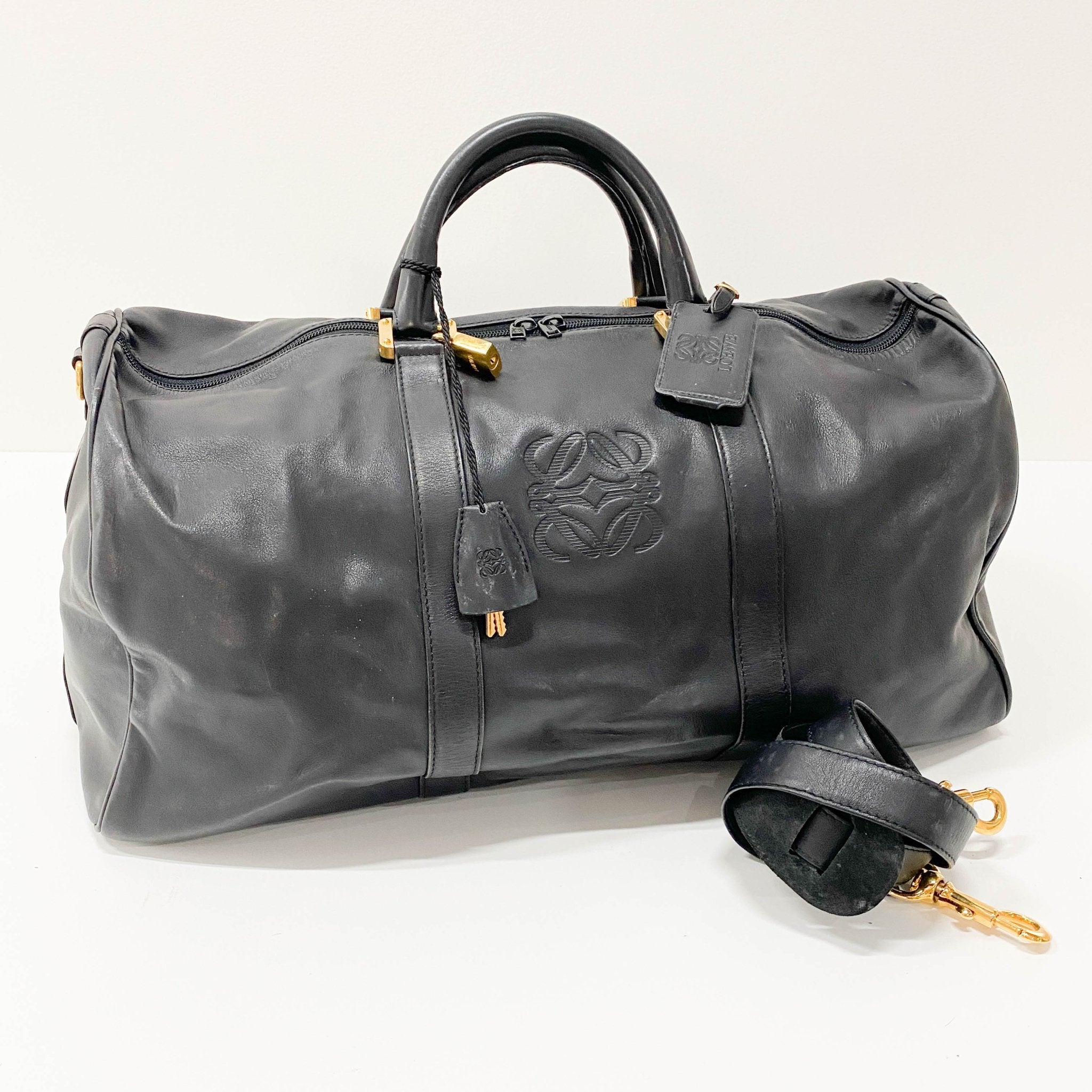 LOEWE Anagram Black Leather Boston Travel Bag, in , Sold by HIVE PRELOVED - Travel bags, ,