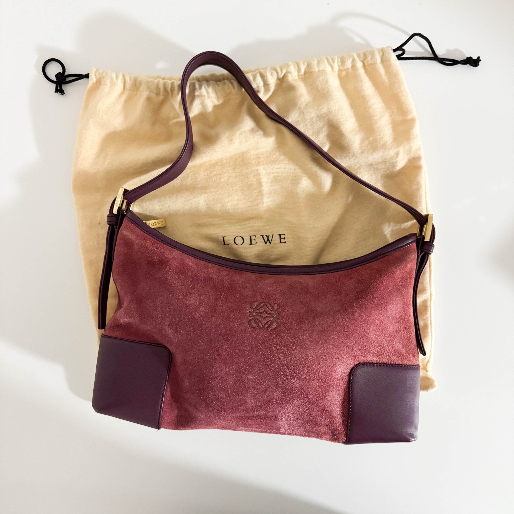 LOEWE Anagram Suede Leather Shoulder Bag Magenta, in , Sold by HIVE PRELOVED - Shoulder Bags, ,