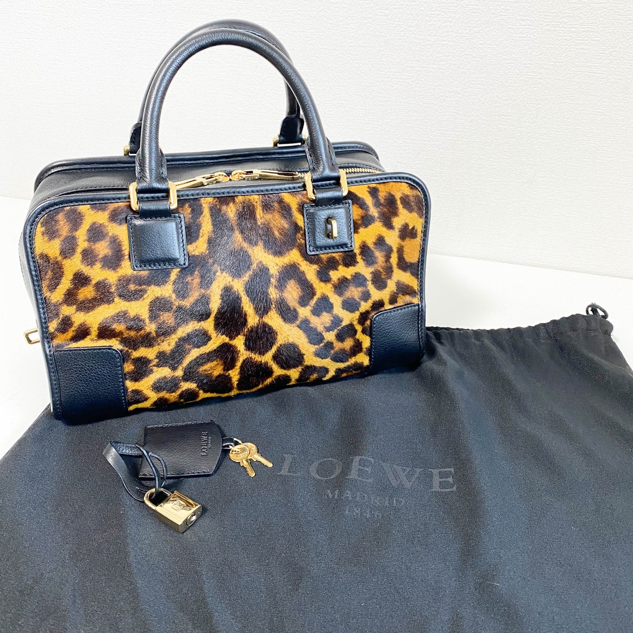 LOEWE Calfskin Pony Hair Leopard Print Amazona 28 Black, in , Sold by HIVE PRELOVED - Handle Bags, ,
