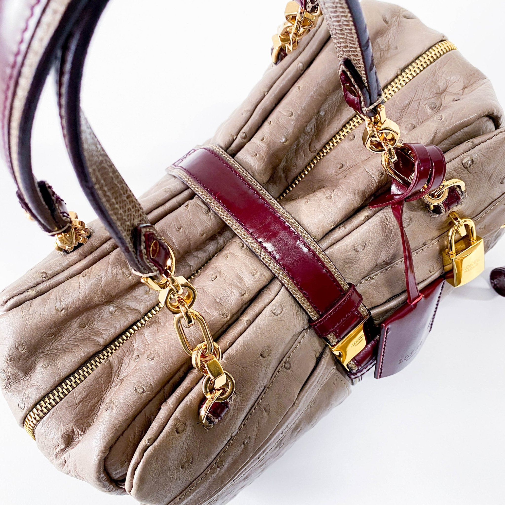 LOEWE Grey Leather with Gold and Wine Details Handle Bag, in , Sold by HIVE PRELOVED - Handle Bags, ,