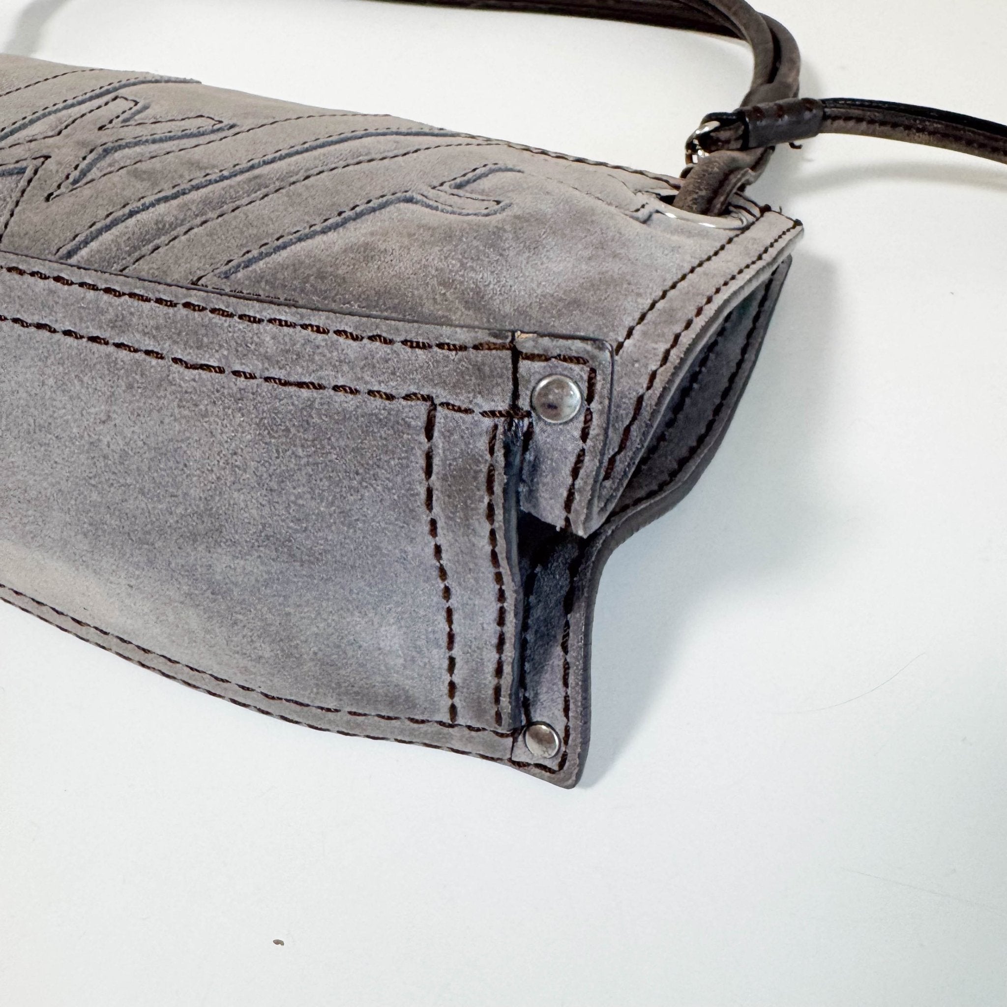LOEWE Logo & Anagram Patch Grey Suede Shoulder Bag, in , Sold by HIVE PRELOVED - Shoulder Bags, ,