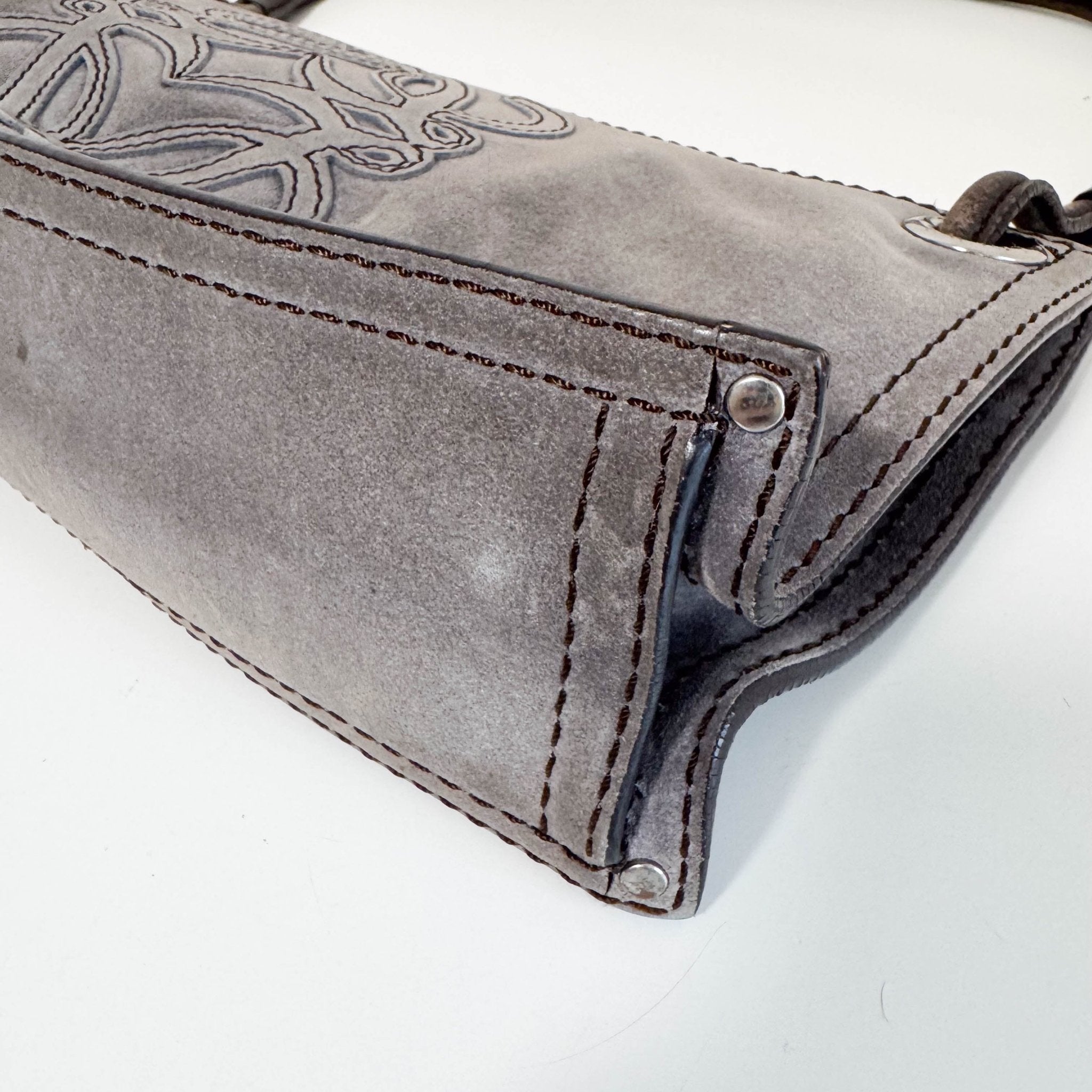 LOEWE Logo & Anagram Patch Grey Suede Shoulder Bag, in , Sold by HIVE PRELOVED - Shoulder Bags, ,