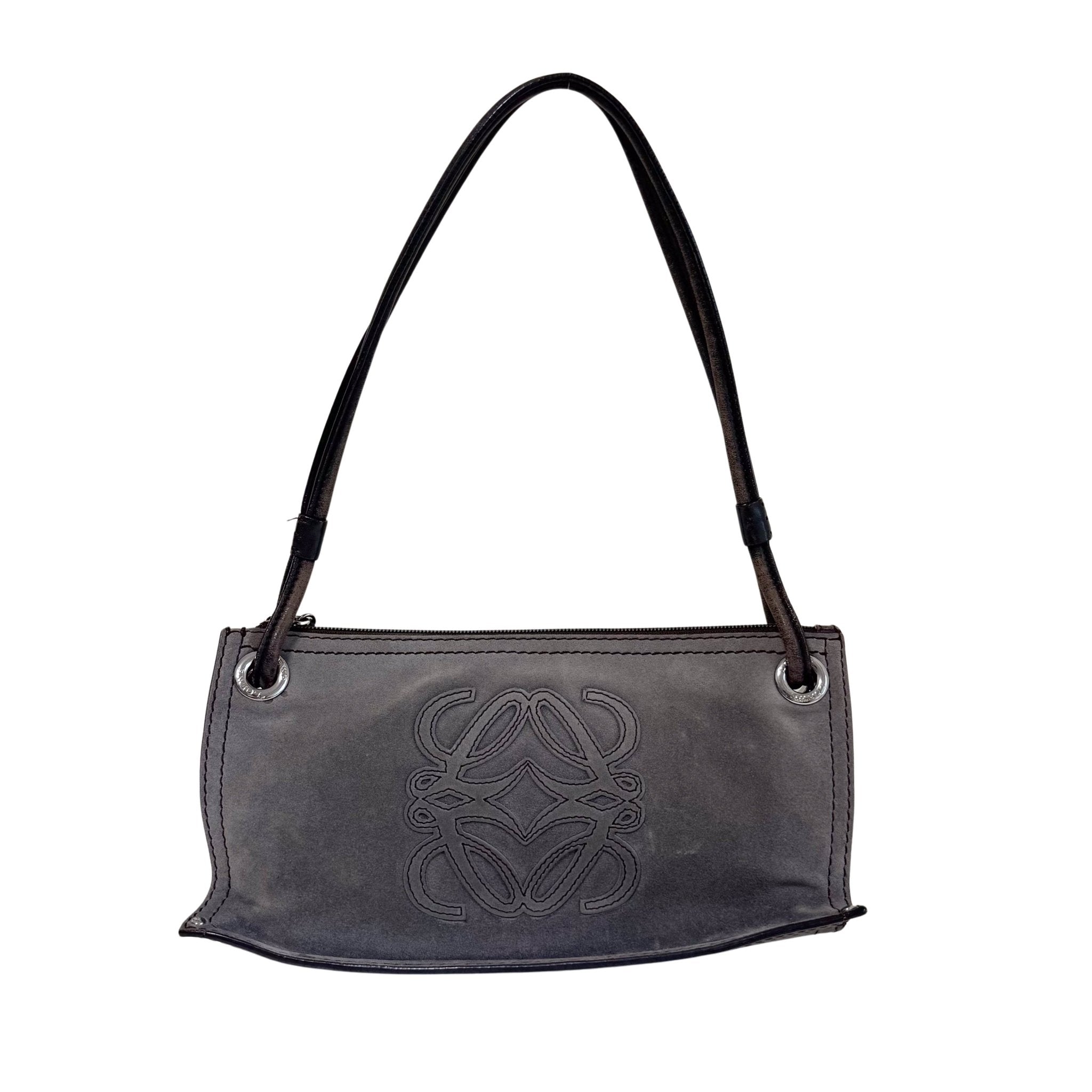 LOEWE Logo & Anagram Patch Grey Suede Shoulder Bag, in , Sold by HIVE PRELOVED - Shoulder Bags, ,