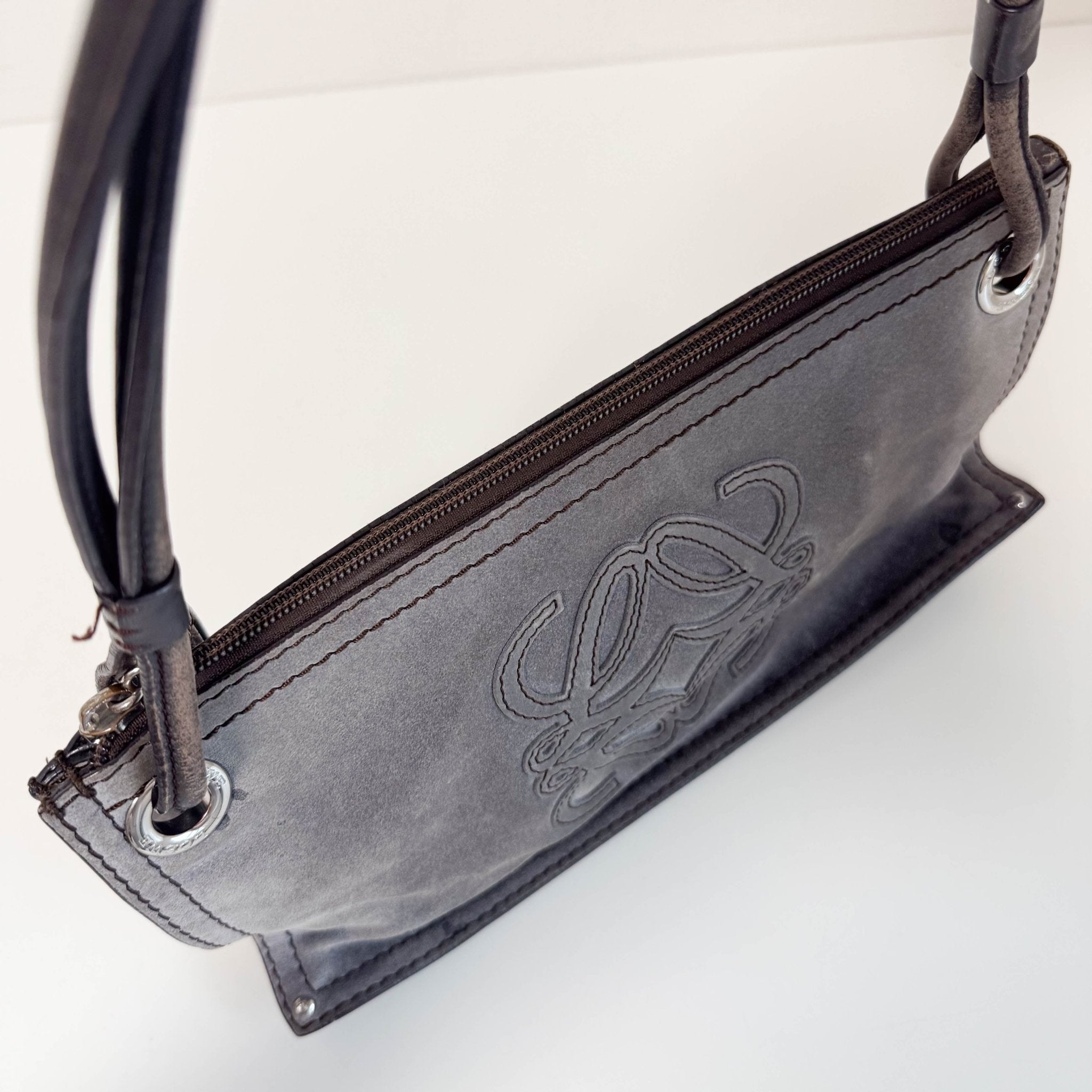 LOEWE Logo & Anagram Patch Grey Suede Shoulder Bag, in , Sold by HIVE PRELOVED - Shoulder Bags, ,