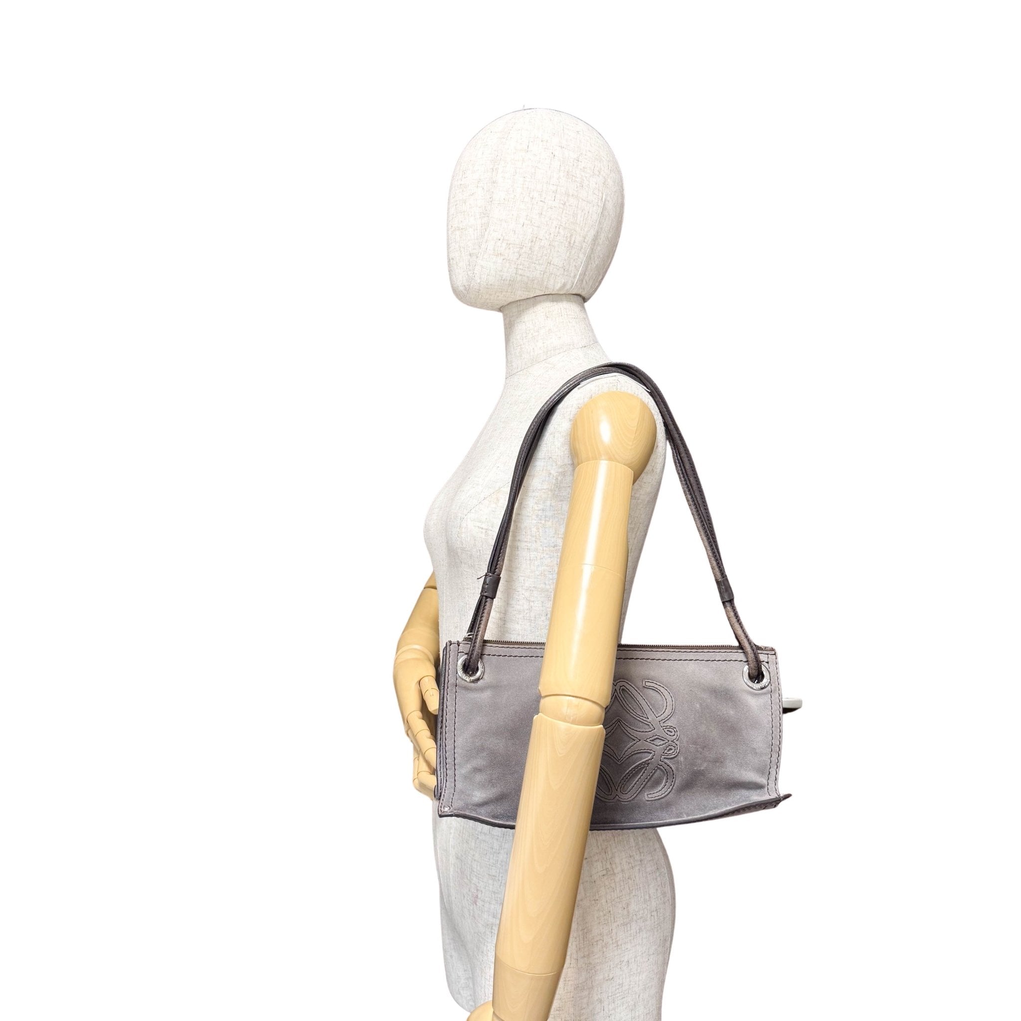 LOEWE Logo & Anagram Patch Grey Suede Shoulder Bag, in , Sold by HIVE PRELOVED - Shoulder Bags, ,
