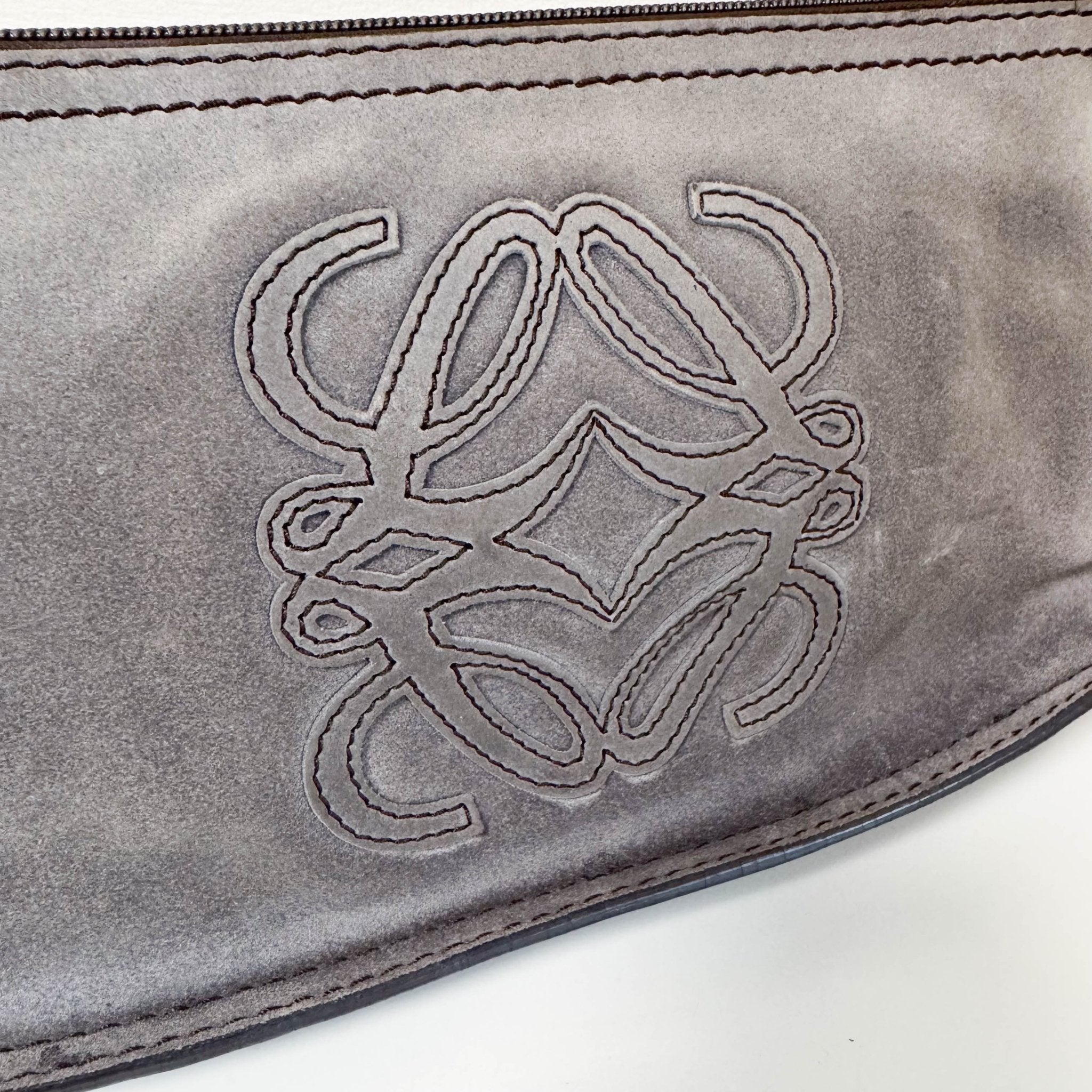 LOEWE Logo & Anagram Patch Grey Suede Shoulder Bag, in , Sold by HIVE PRELOVED - Shoulder Bags, ,