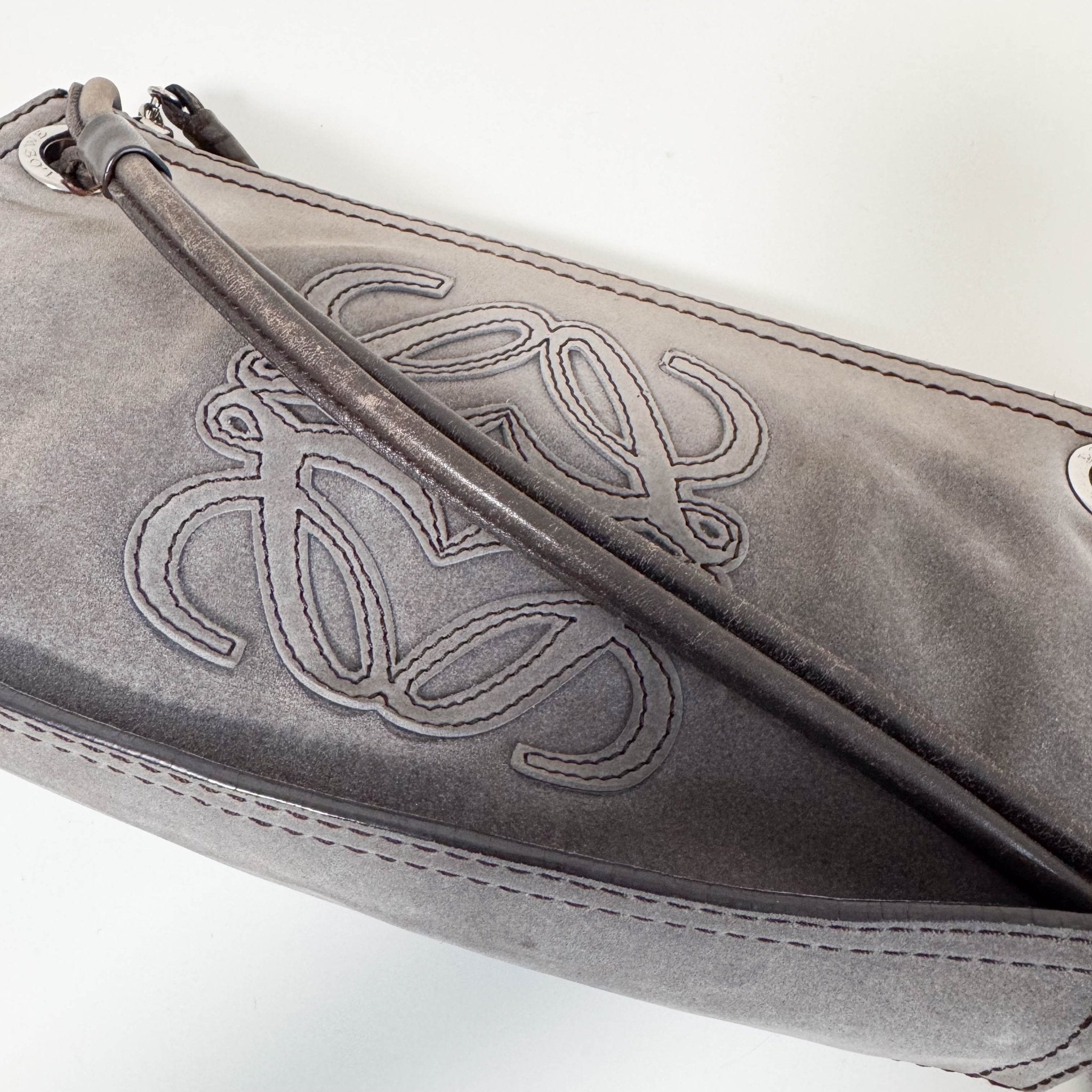 LOEWE Logo & Anagram Patch Grey Suede Shoulder Bag, in , Sold by HIVE PRELOVED - Shoulder Bags, ,