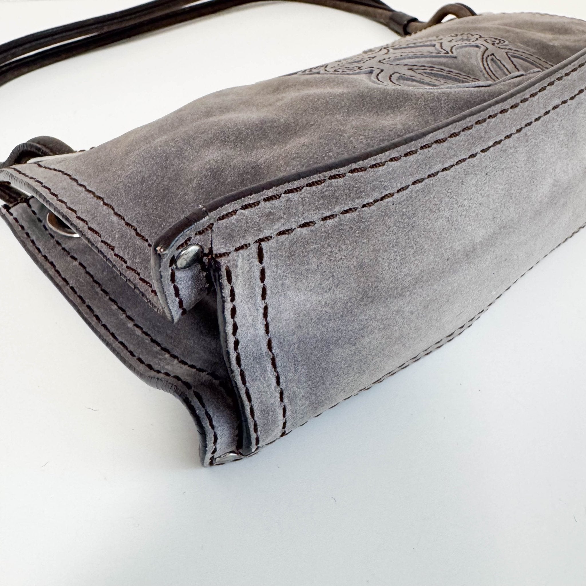 LOEWE Logo & Anagram Patch Grey Suede Shoulder Bag, in , Sold by HIVE PRELOVED - Shoulder Bags, ,