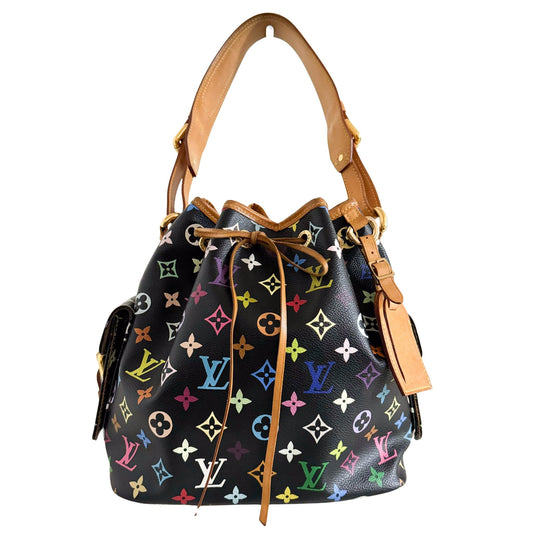 Louis Vuitton x Takashi Murakami Black Monogram Multicolor Canvas Petit Noé in Sold by HIVE PRELOVED-Bucket bag, Shoulder Bag