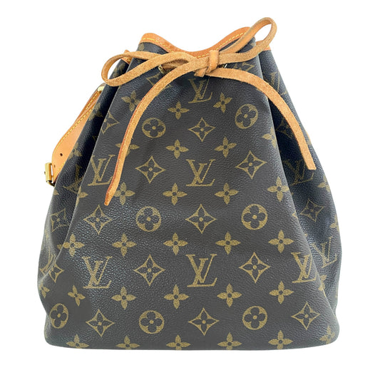 LOUIS VUITTON Monogram Petite Noé, Coated Canvas in Brown, Sold by HIVE PRELOVED - Bucket bags, Shoulder Bags,