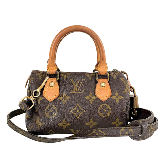 LOUIS VUITTON Nano Speedy with Strap, Leather (unspecified) in Brown, Sold by HIVE PRELOVED - Handle Bags, Mini bags