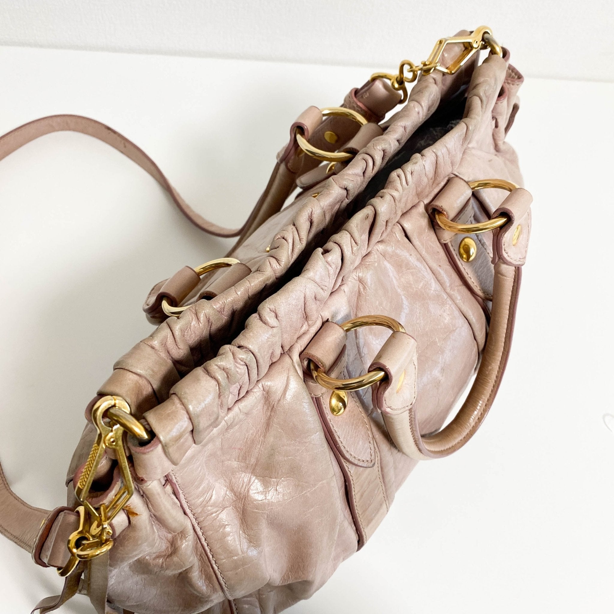 MIU MIU Beige Leather Signature Vitello Handle Shoulder Bag, in , Sold by HIVE PRELOVED - Handle Bags, Shoulder Bags,