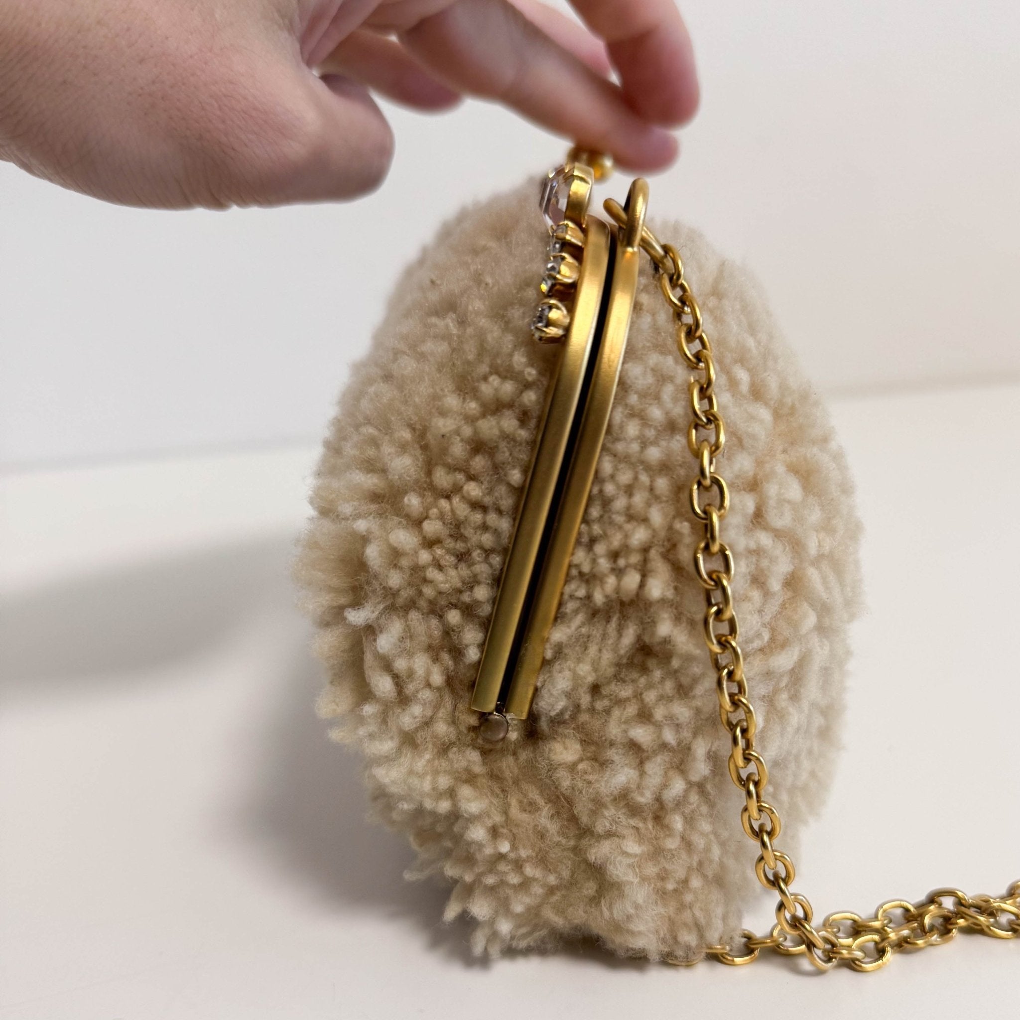 MIU MIU Beige Sheep Fur Bijou Chain Shoulder Bag, in , Sold by HIVE PRELOVED - Shoulder Bags, ,