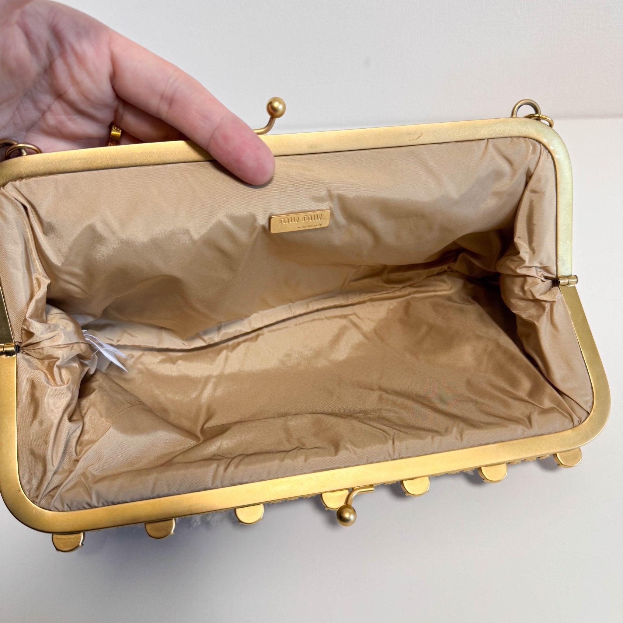 MIU MIU Beige Sheep Fur Bijou Chain Shoulder Bag, in , Sold by HIVE PRELOVED - Shoulder Bags, ,