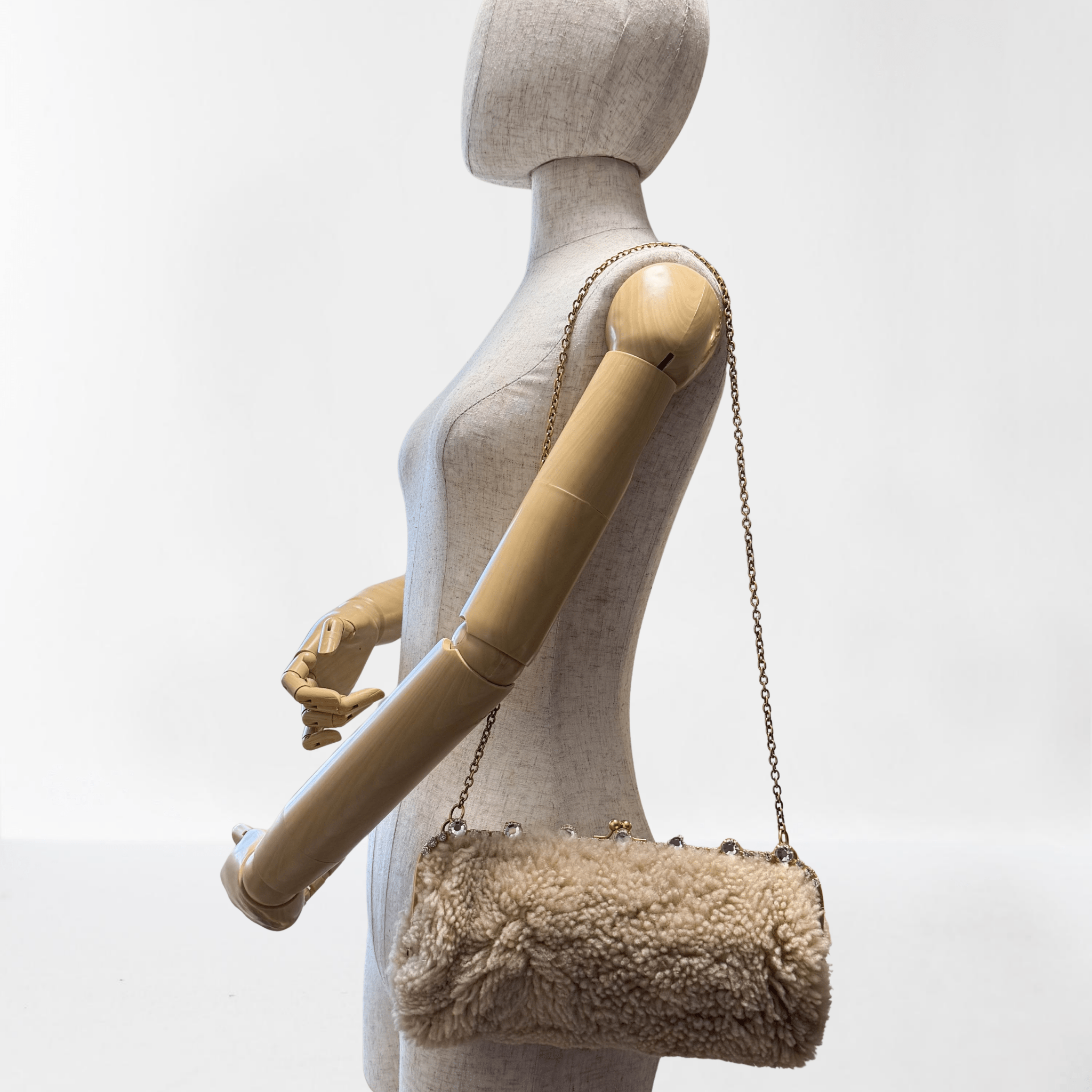 MIU MIU Beige Sheep Fur Bijou Chain Shoulder Bag, in , Sold by HIVE PRELOVED - Shoulder Bags, ,