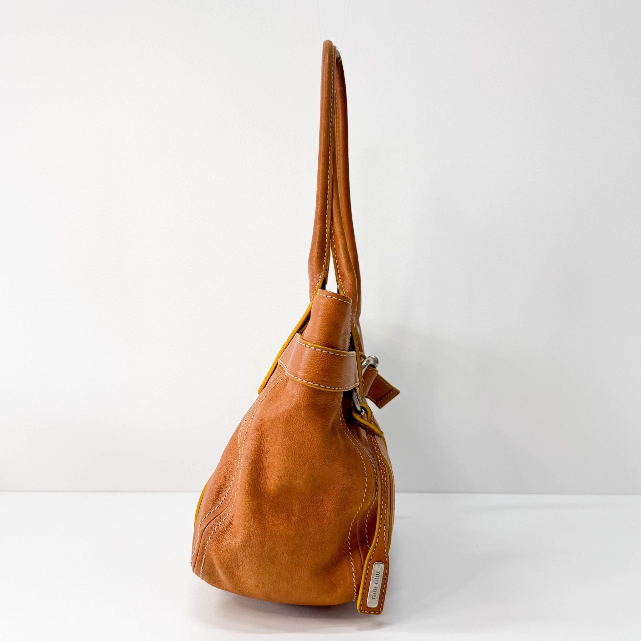 MIU MIU Belt Buckle Caramel Brown Leather Tote Shoulder Bag, in , Sold by HIVE PRELOVED - Shoulder Bags, ,