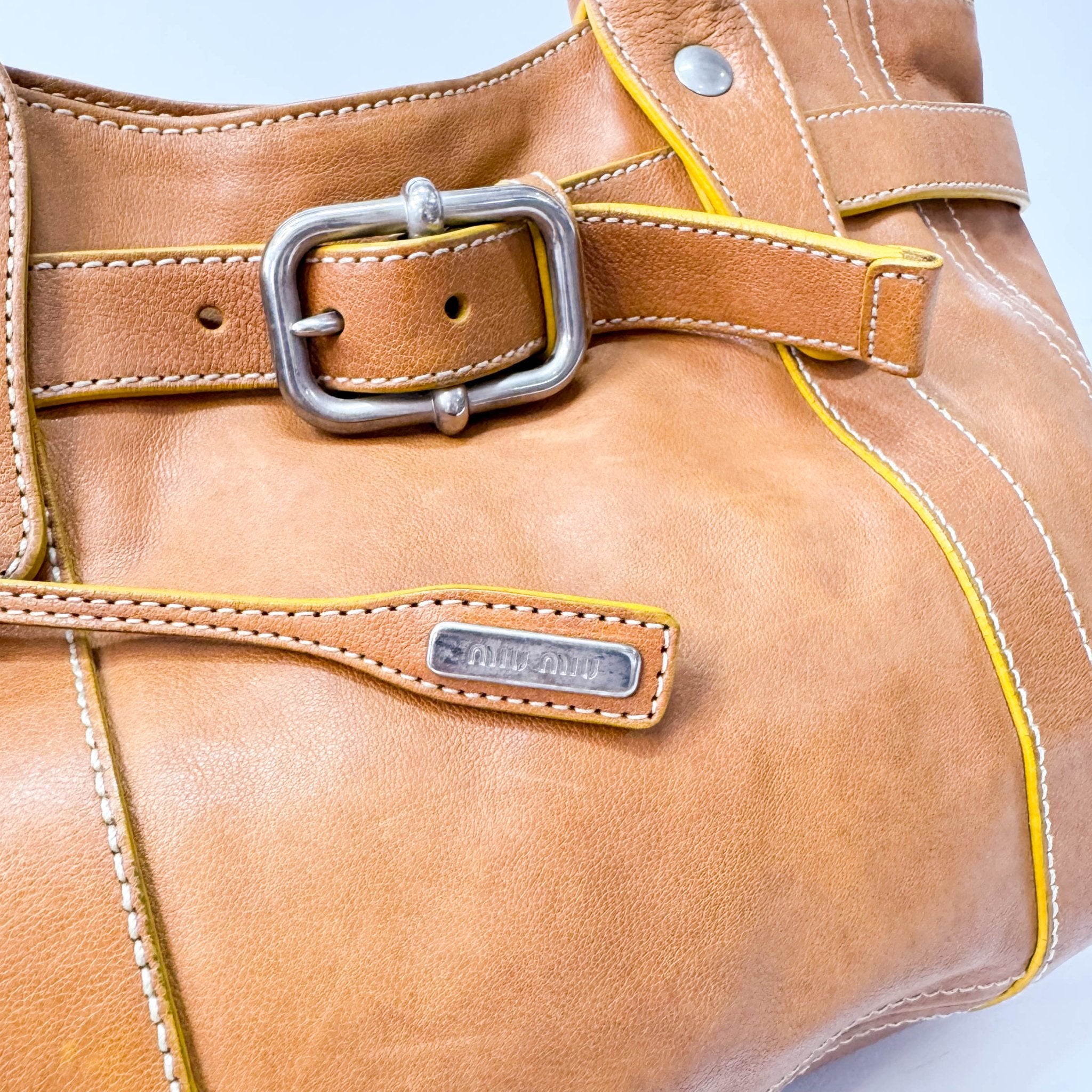 MIU MIU Belt Buckle Caramel Brown Leather Tote Shoulder Bag, in , Sold by HIVE PRELOVED - Shoulder Bags, ,