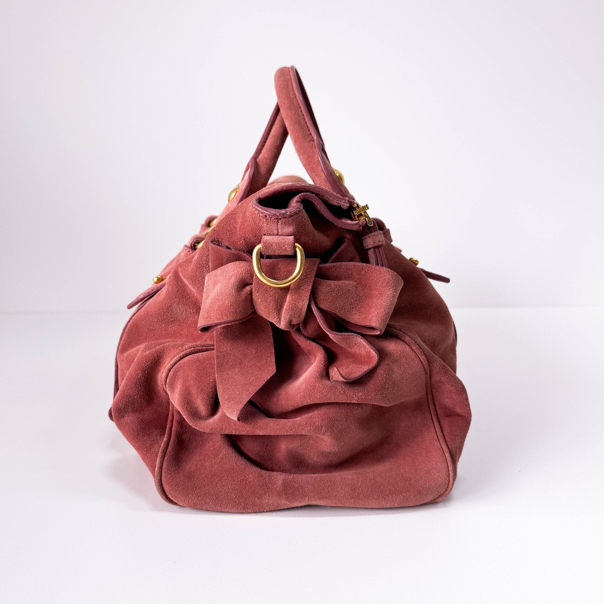 MIU MIU Bow Rose Pink Suede Handle Bag, in , Sold by HIVE PRELOVED - Handle Bags, ,