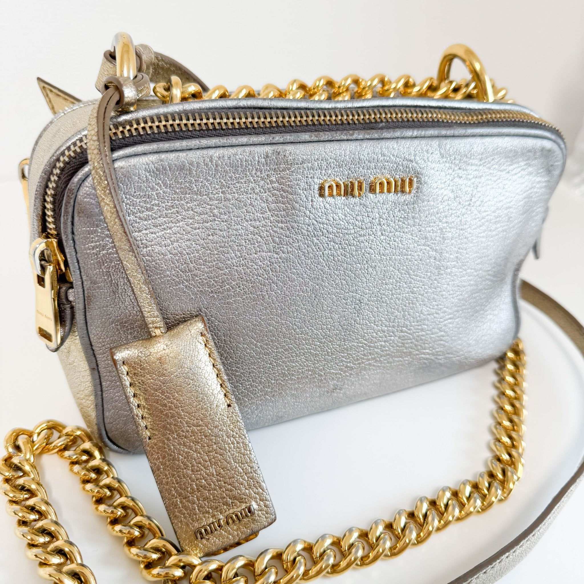 MIU MIU Gold and Silver Leather Camera Crossbody Bag, in , Sold by HIVE PRELOVED - Crossbody bags, ,