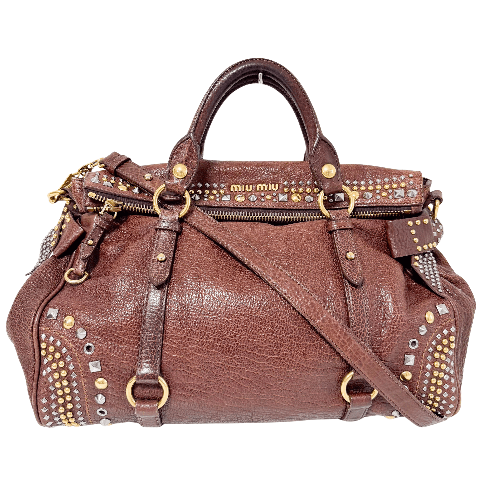 MIU MIU Leather Brown Studs Shoulder Bag, in , Sold by HIVE PRELOVED - Handle Bags, Shoulder Bags,