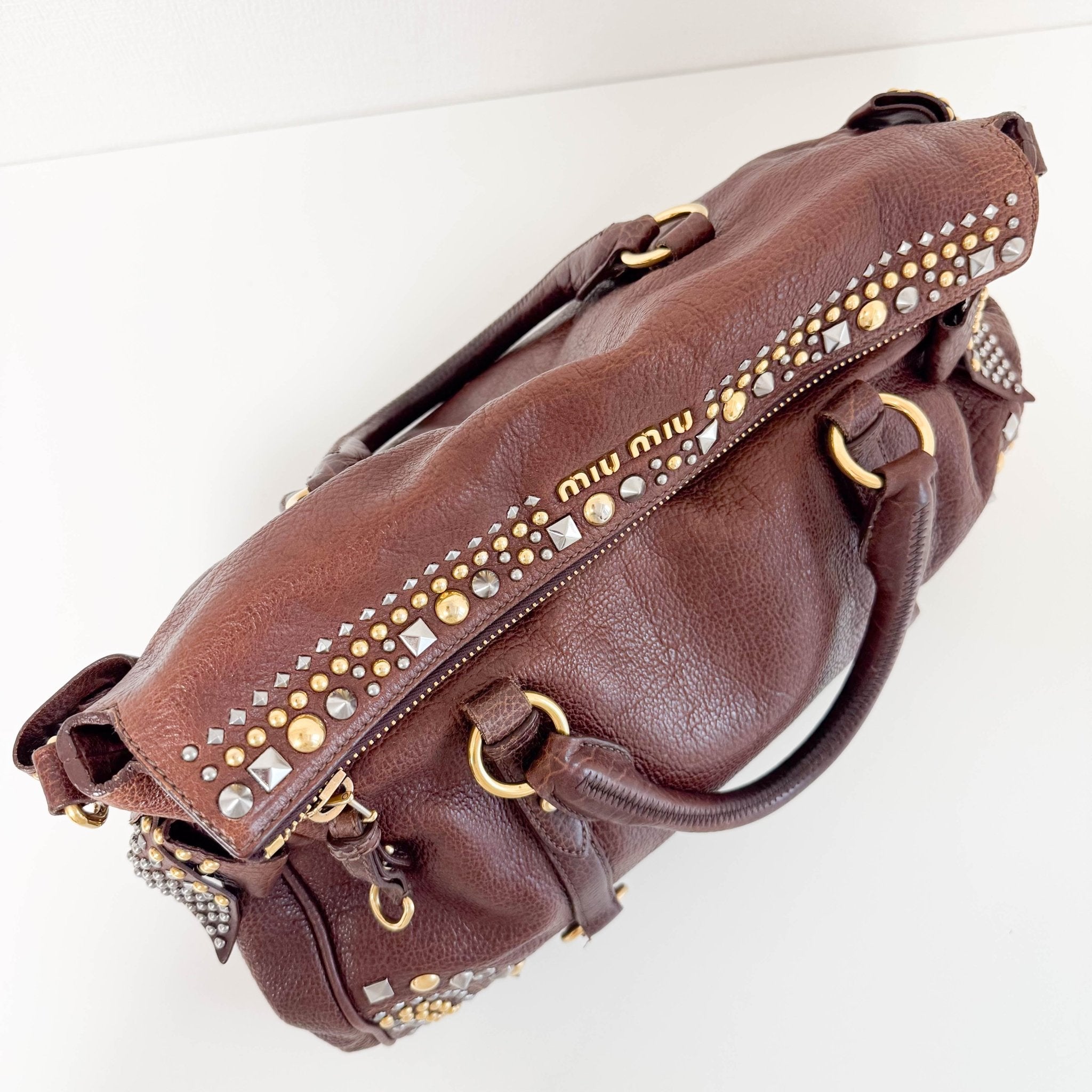MIU MIU Leather Brown Studs Shoulder Bag, in , Sold by HIVE PRELOVED - Handle Bags, Shoulder Bags,