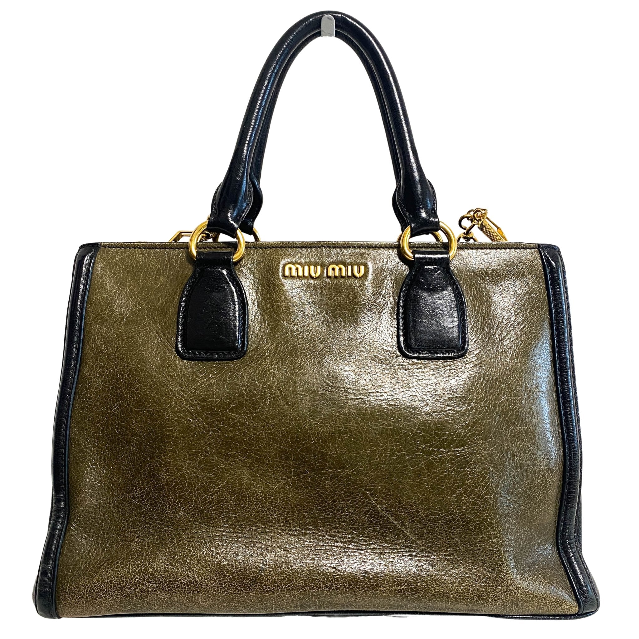 MIU MIU Leather Totes Khaki Black with Shoulder Strap, in , Sold by HIVE PRELOVED - Handle Bags, ,