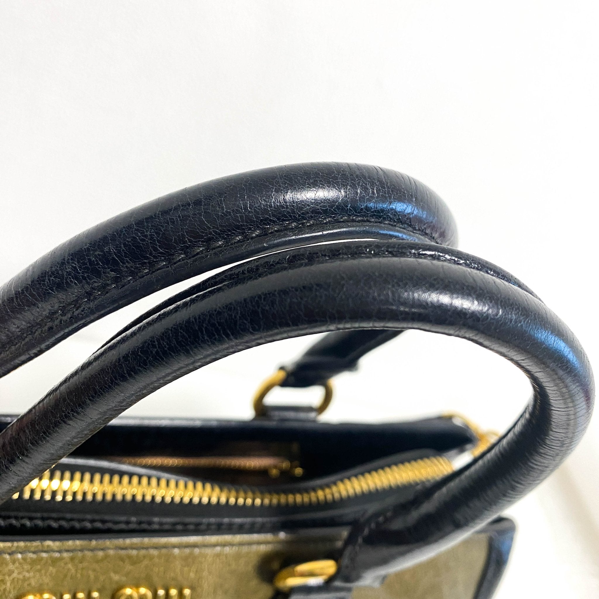 MIU MIU Leather Totes Khaki Black with Shoulder Strap, in , Sold by HIVE PRELOVED - Handle Bags, ,