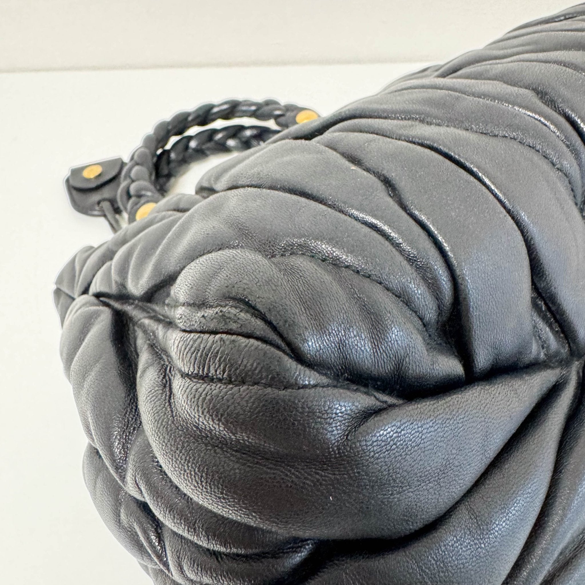 MIU MIU Matelasse Navy Leather Top Handle Bag With Crossbody Strap, in , Sold by HIVE PRELOVED - Crossbody bags, Handle Bags,