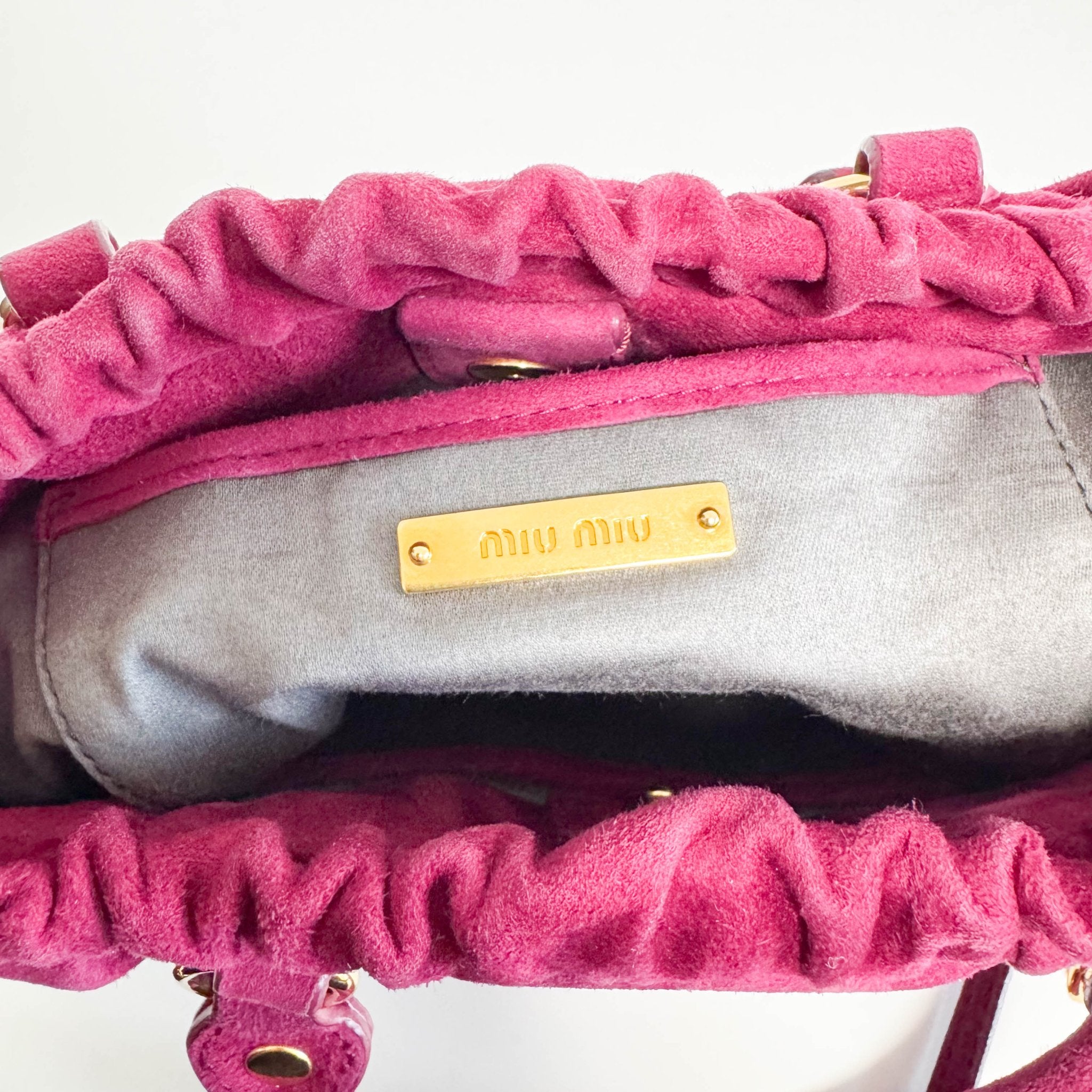MIU MIU Mini Vitello Suede Raspberry Pink Handbag, in , Sold by HIVE PRELOVED - Mini bags, Shoulder Bags,